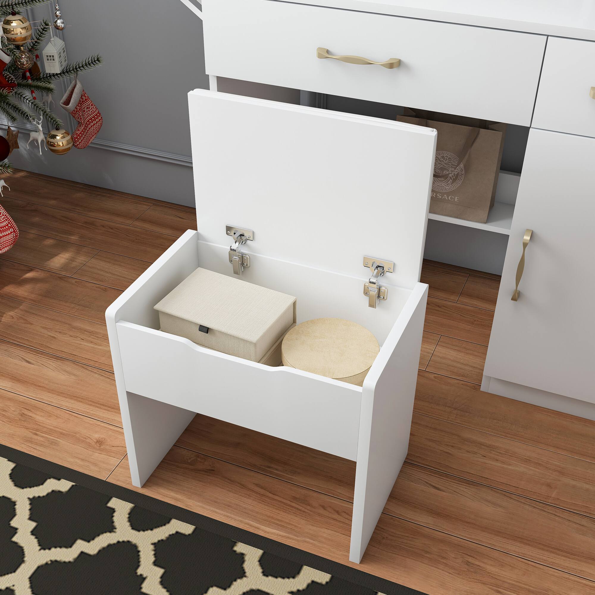 Alt View 8. GOODSILO - Elegant Vanity Desk with LED Mirror Lights, Power Outlet Charging Station, and Storage Stool - White.