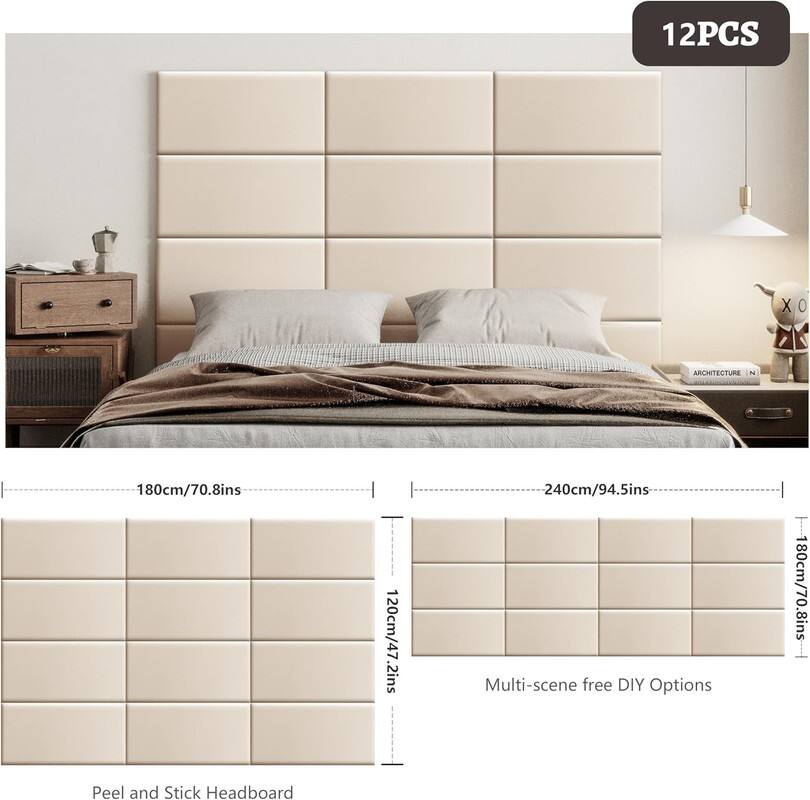 12PCS, Peel and Stick Headboard, Multi-scene free DIY Options, 180cm/70.8ins, 120cm/47.2ins, 240cm/94.5ins, 180cm/70.8ins, ARCHITECTURE N