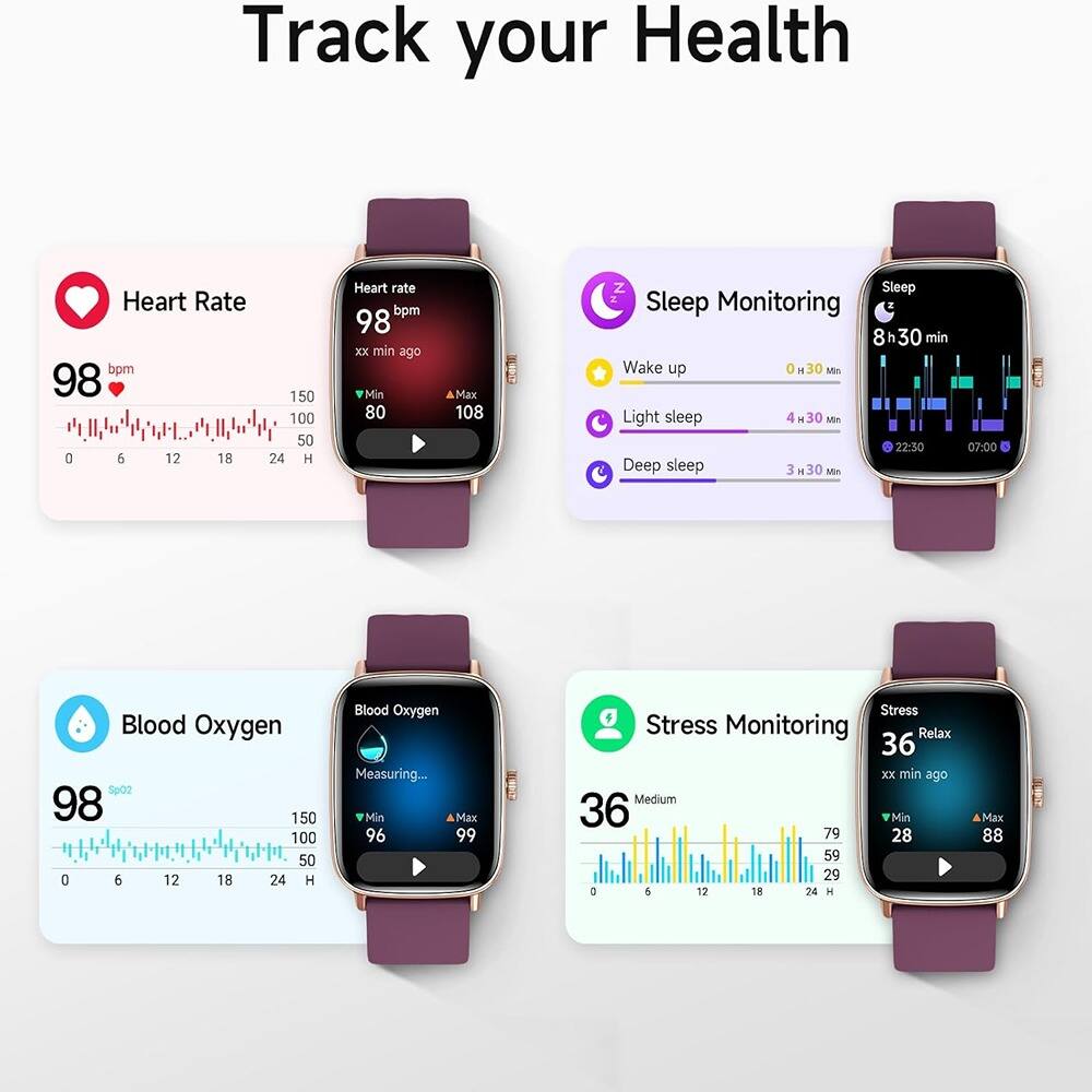 Track your Health

Heart Rate
98 bpm
xx min ago
Min 80
Max 108

Sleep Monitoring
8h30 min
Wake up 0h30 min
Light sleep 4h30 min
Deep sleep 3h30 min

Blood Oxygen
98 SpO2
Measuring...
Min 96
Max 99

Stress Monitoring
36 Medium
xx min ago
Min 28
Max 88