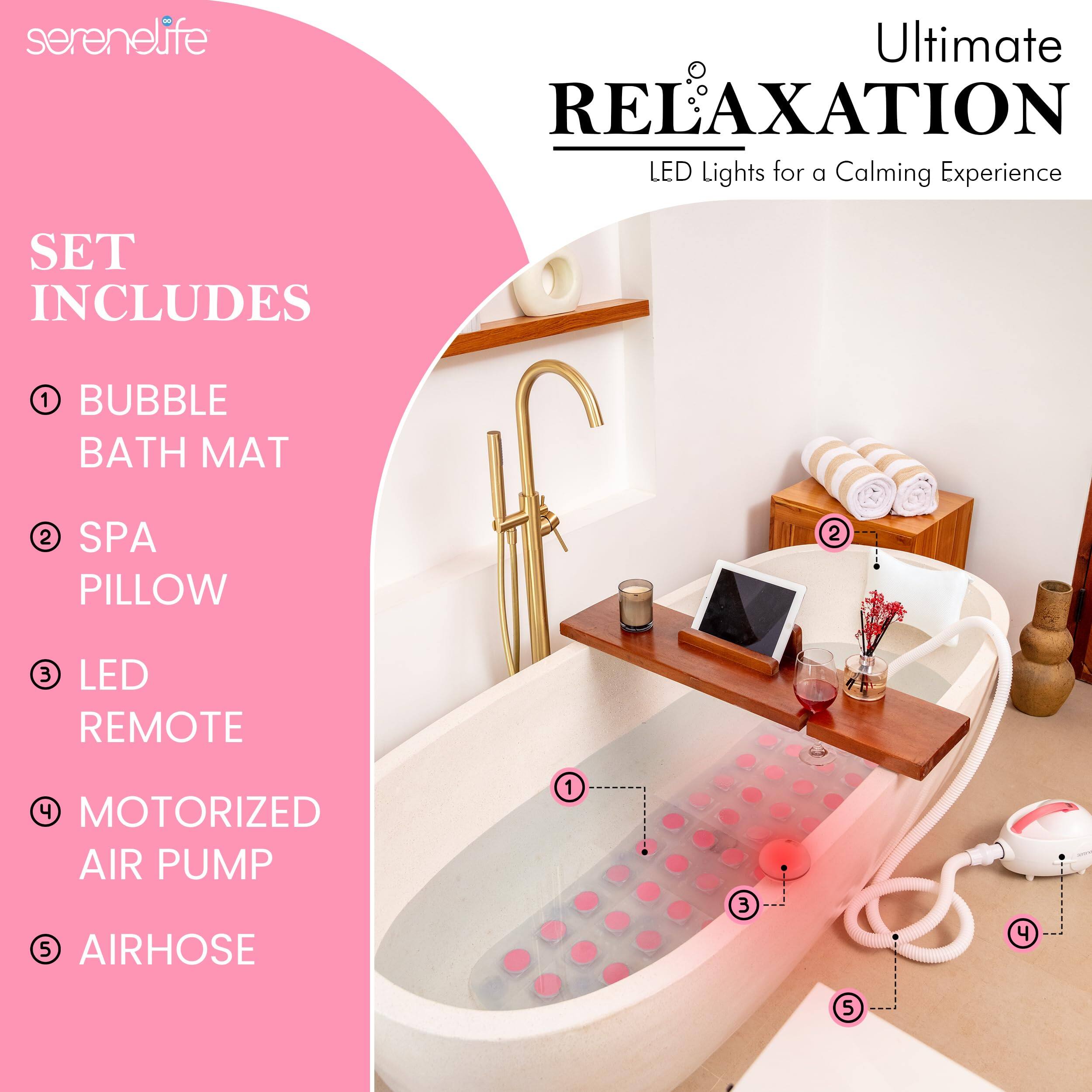serenelife Ultimate RELAXATION LED Lights for a Calming Experience SET INCLUDES 1 BUBBLE BATH MAT 2 SPA PILLOW 3 LED REMOTE 4 MOTORIZED AIR PUMP 5 AIRHOSE