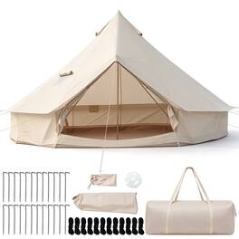 Costway - 16.7 ft Bell Tent with Stove Jack, Mesh Windows & Doors, Accommodates 6-8 Person - Beige