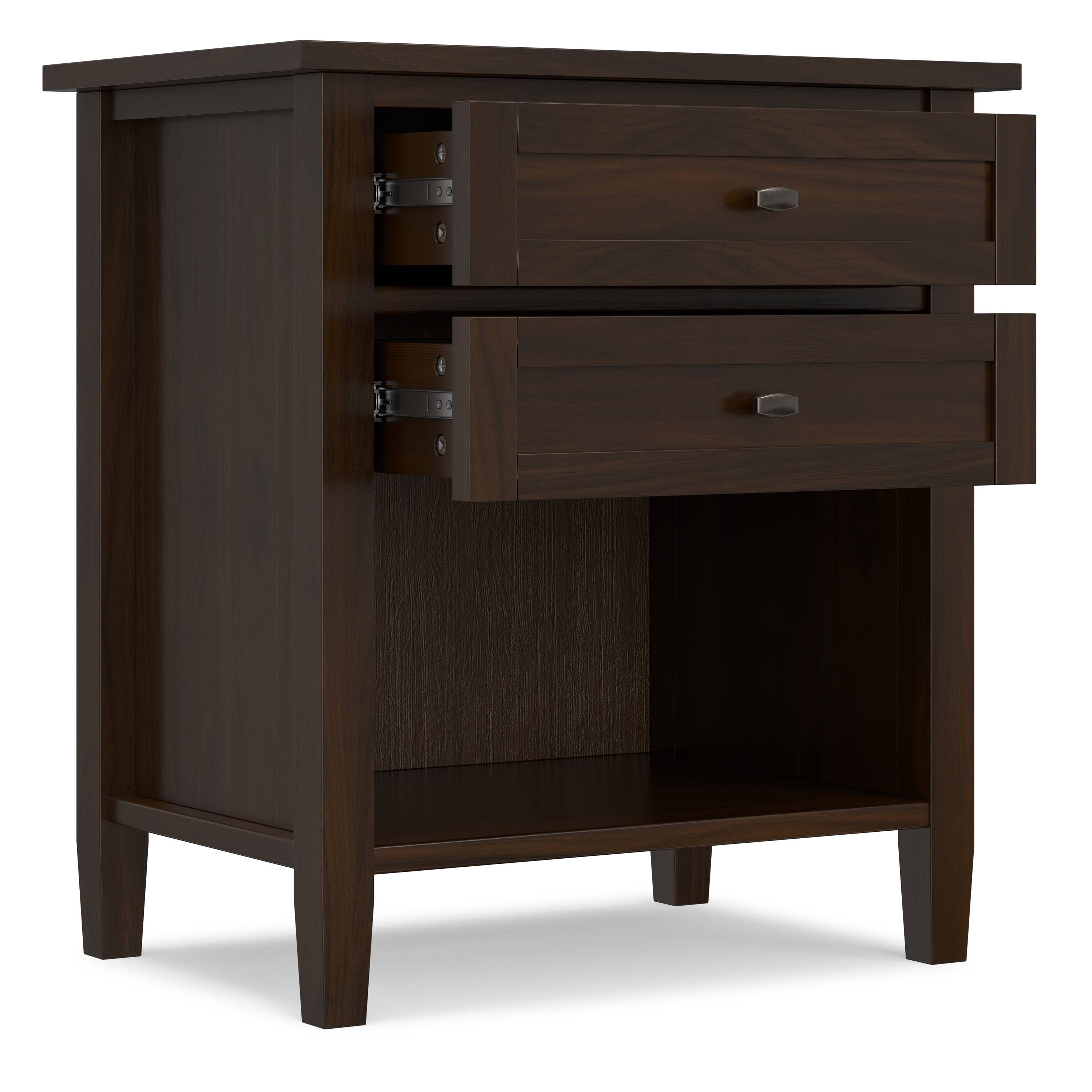 Left. Simpli Home - Warm Shaker Solid Wood 24 inch Wide Transitional Nightstand in Tobacco Brown - Tobacco Brown.