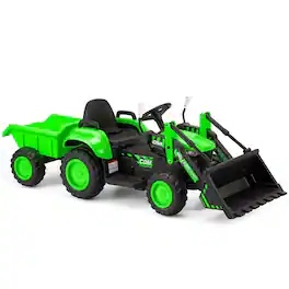 U-HOMY - Remote Control Ride-On Excavator Toy with Working Arm, Trailer, Lights, Music, and Safety Belt - Green