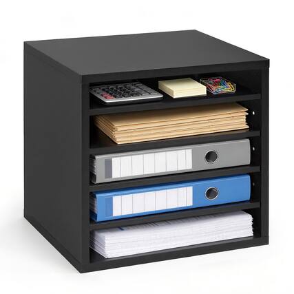 Front. VEVOR - Literature Organizer, 5 Compartments Office Mailbox with Adjustable Shelves, Wooden Mailbox Sorter with MDF - Black.