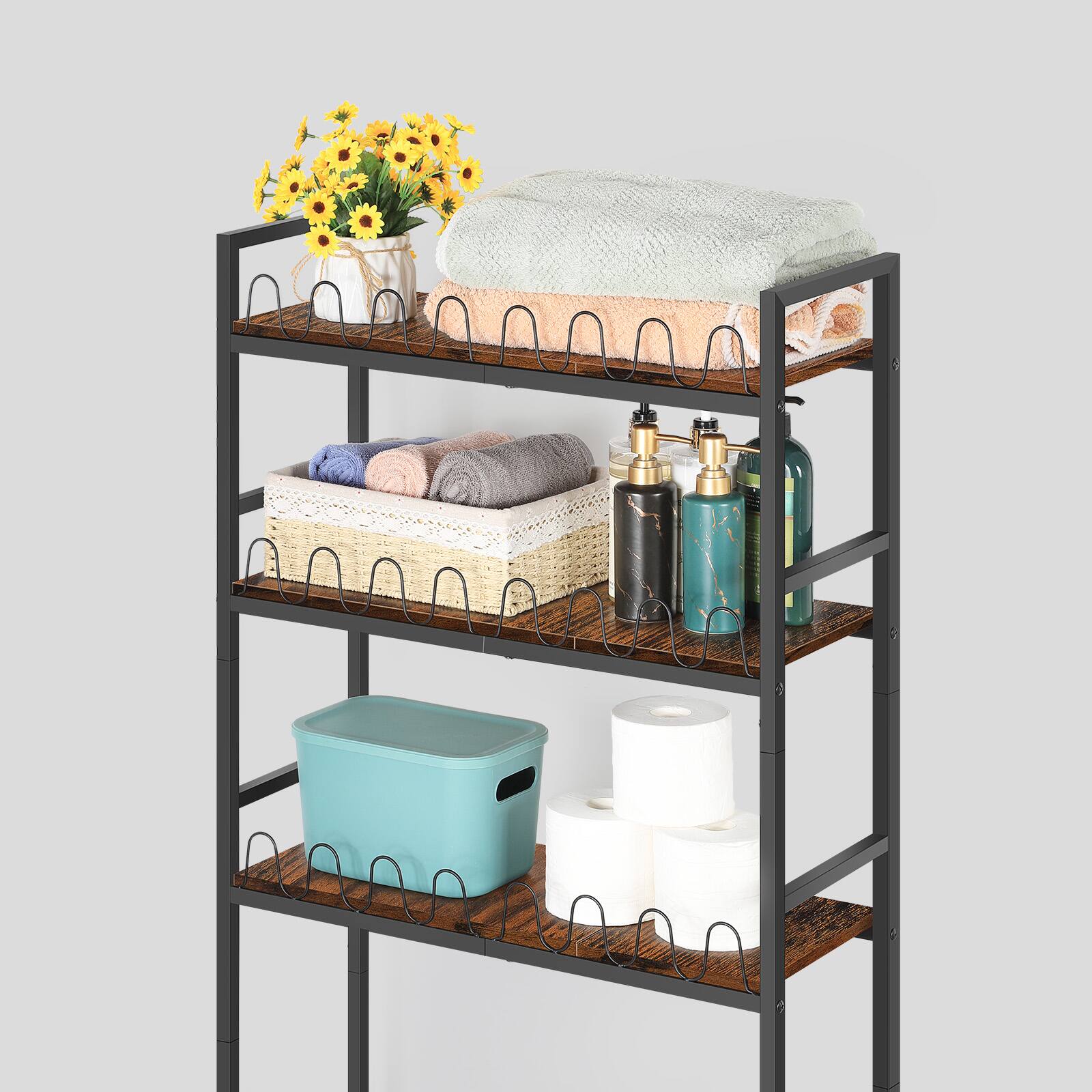 Back. Oumilen - 3-Tier Over-The-Toilet Storage Shelf, Metal Bathroom Organizer with Anti-Fall Fence and Adjustable Feet - Brown.