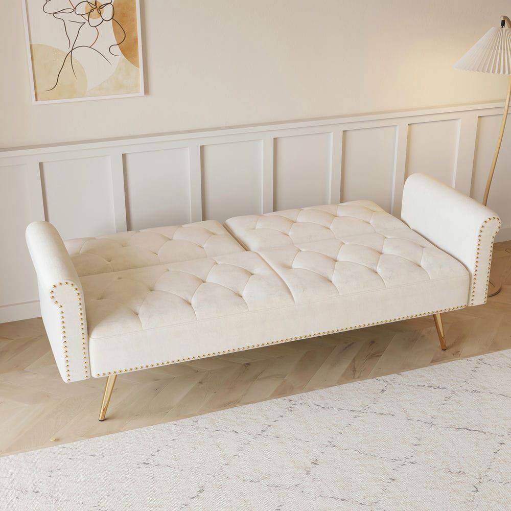 Angle. Resenkos - 69.7" Velvet Sofa Bed with Nail Head Trim & Matching Throw Pillow - Beige.