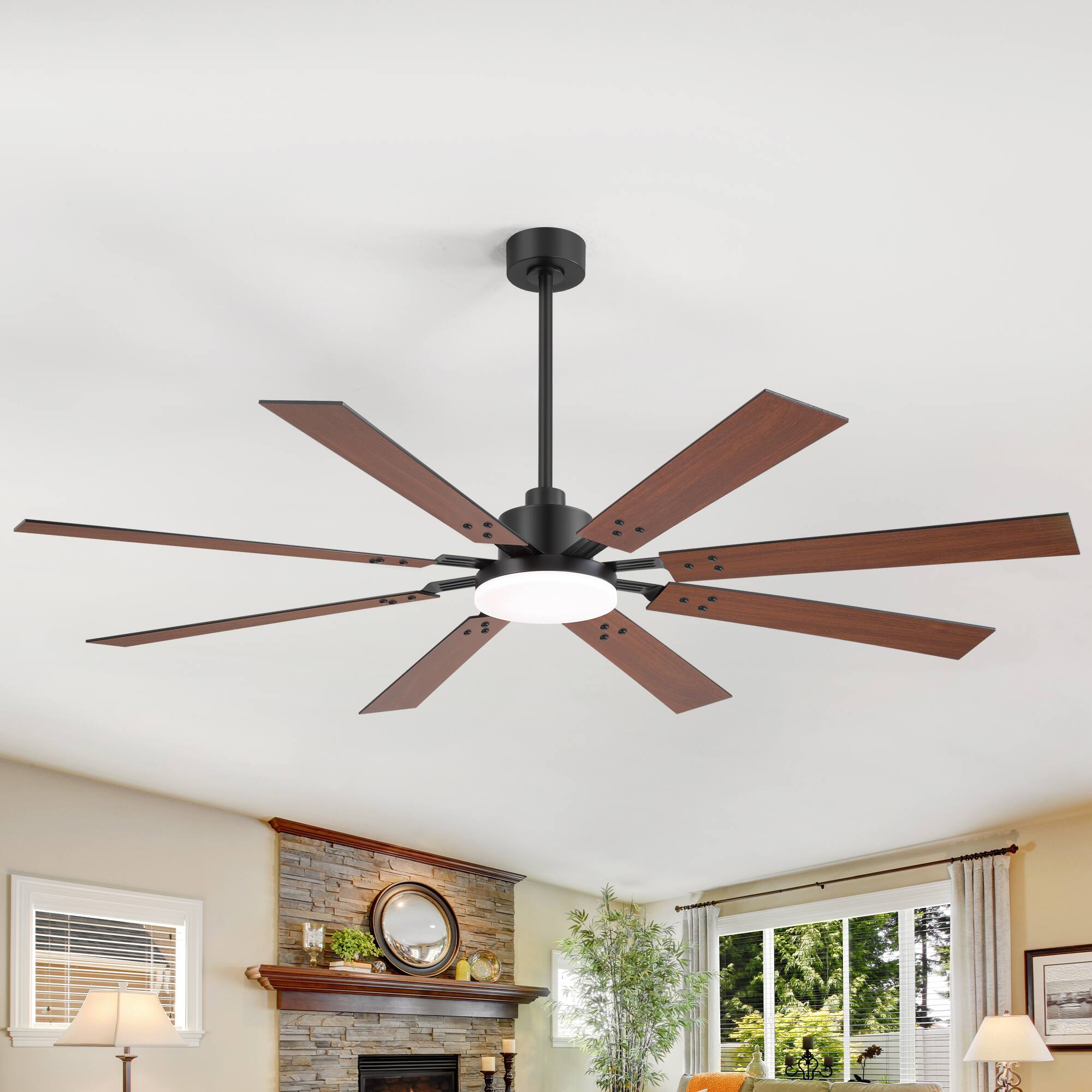 Breezary - 72'' Ceiling Fan with 8 Plywood Blades, 3-Color Light, 6-Speed DC Motor, 6"/20" Downrods, Remote with Timer - Matte Black and Dark Wood Grain