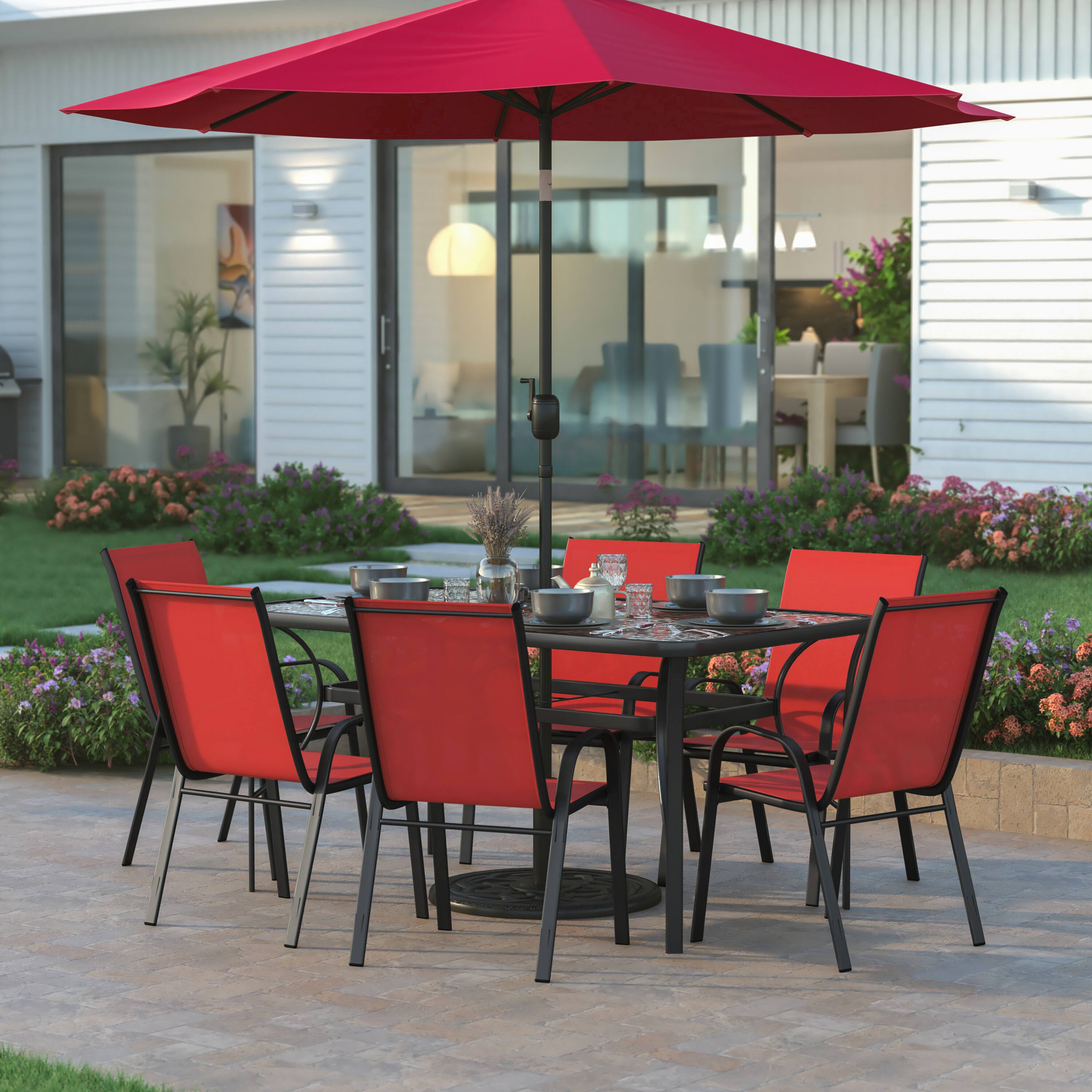 Alt View 1. Emma + Oliver - Bartlett 7 Piece Outdoor Dining Set with Tempered Glass Top Patio Table and 6 Flex Comfort Textilene Stacking Chairs - Red.