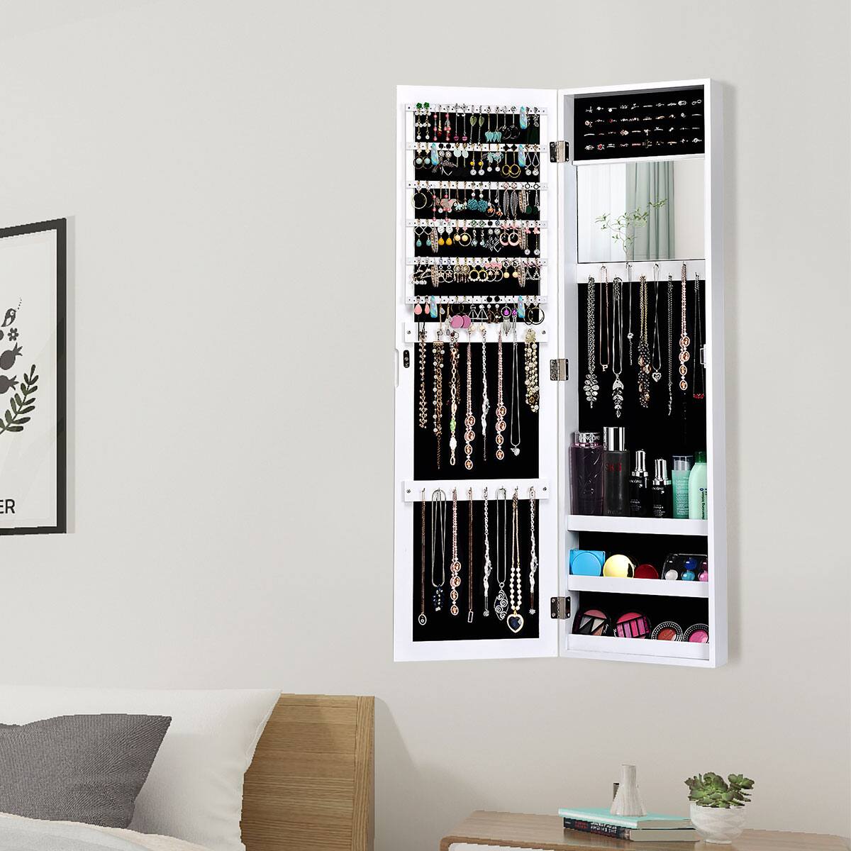 Alt View 11. Costway - Wall Door Mounted Mirrored Jewelry Cabinet Storage Organizer White - White.
