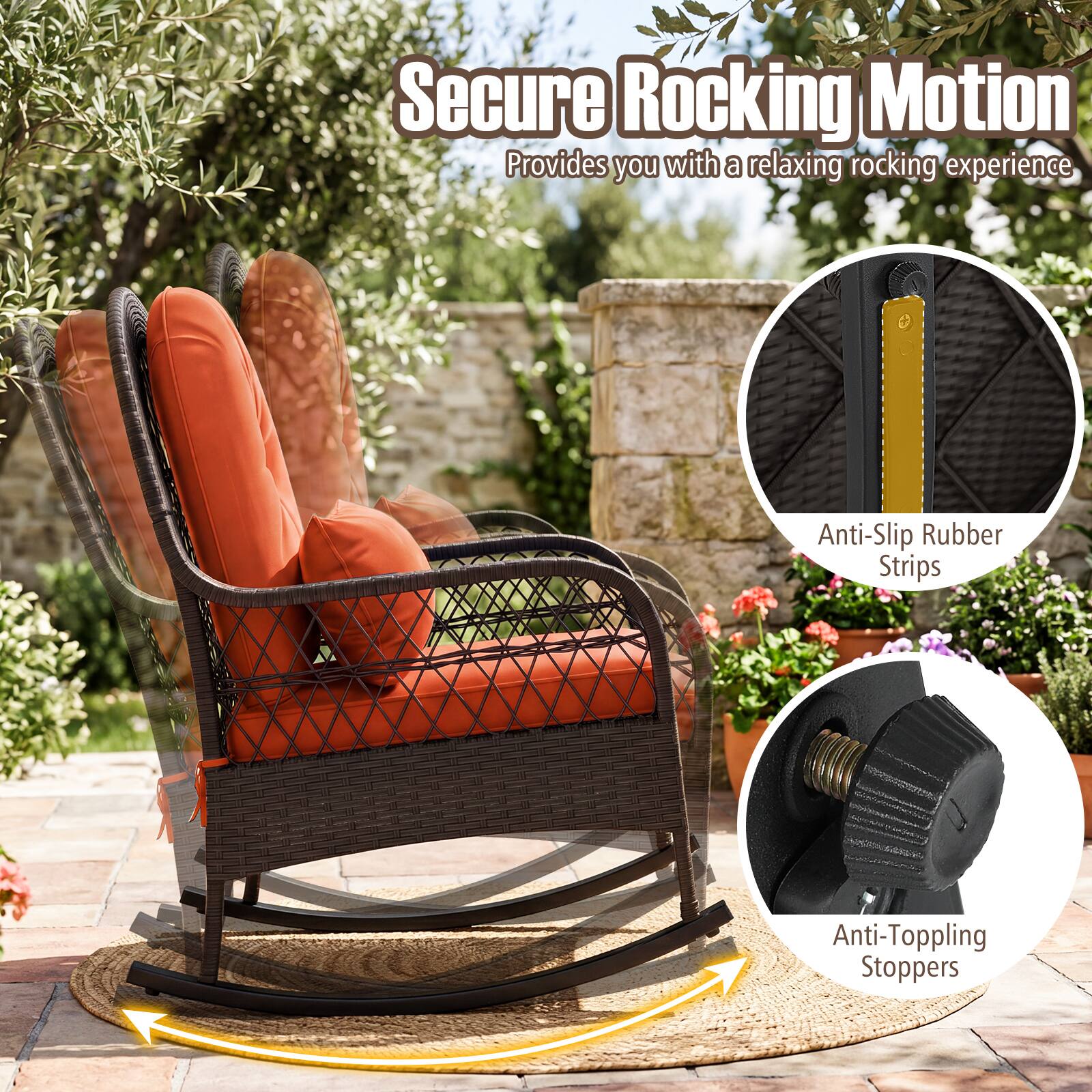 Gymax Outdoor Wicker Rocking Chair 400 LBS Rattan Rocker Chair w/Anti ...