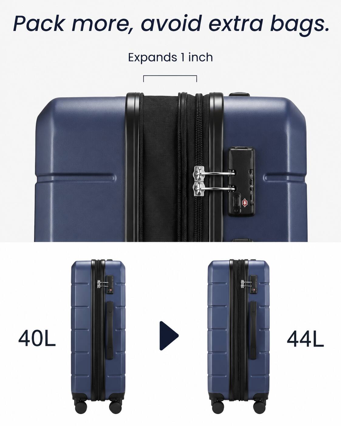 Pack more, avoid extra bags. Expands 1 inch. 40L 44L