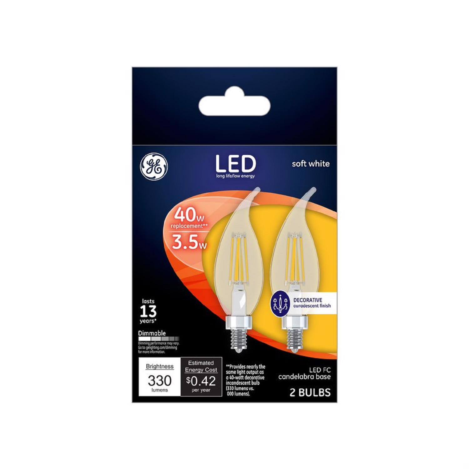 LED long life/low energy  
soft white  
40w replacement** 3.5%  
lasts 13 years*  
DECORATIVE curodescent finish  
Dimmable  
por Got to lighting for more  
may la  
Estimated Brightness **Provides nearly the Energy Cost LED FC some light output as : 40-watt decorative candelabra base 330 $0.42 incondescent bulb lumens 330 lumens VS. per year 2 000 lumens). BULBS
