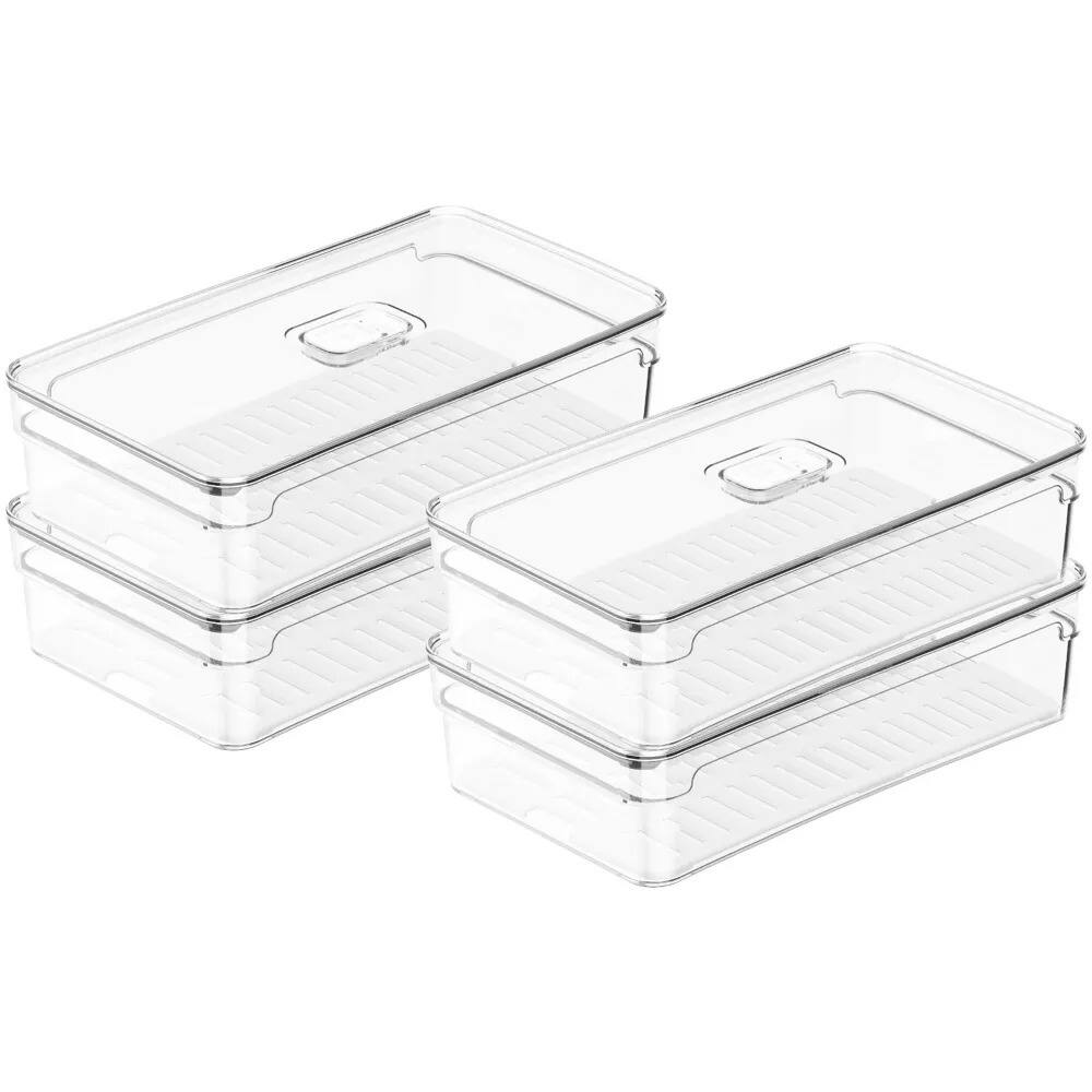 Alt View 7. OU - OU Fridge Organizer Bin with Vented Lid, Stackable Refrigerator Storage Bin, 11.8" Depth, 4 Pack - Clear.