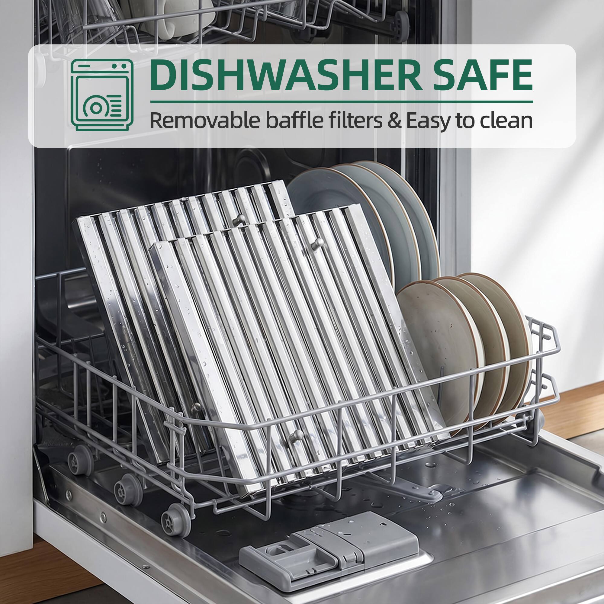 DISHWASHER SAFE  
Removable baffle filters & Easy to clean