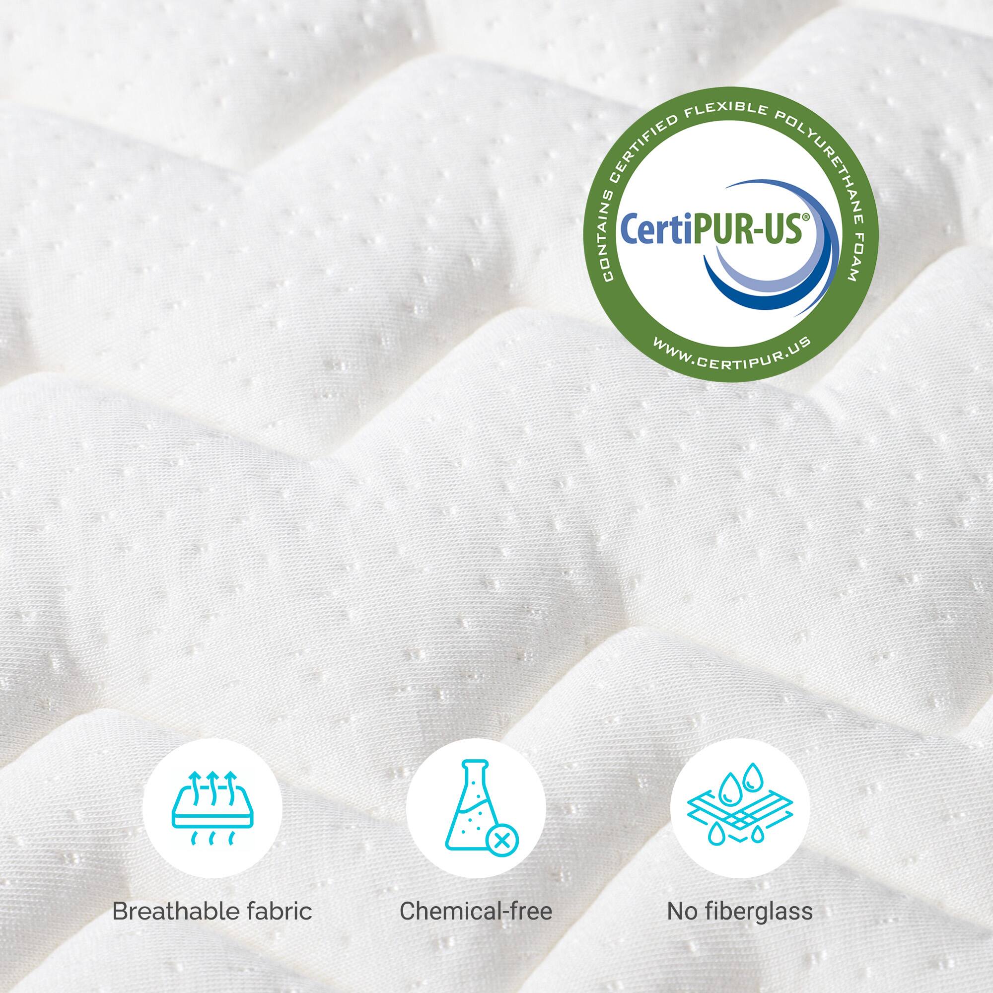 The corrected text is:

"FLEXIBLE CERTIFIED POLYURETHANE CONTAINS CertiPUR-US FOAM WWW.CERTIPUR.US
- Breathable fabric
- Chemical-free
- No fiberglass"
