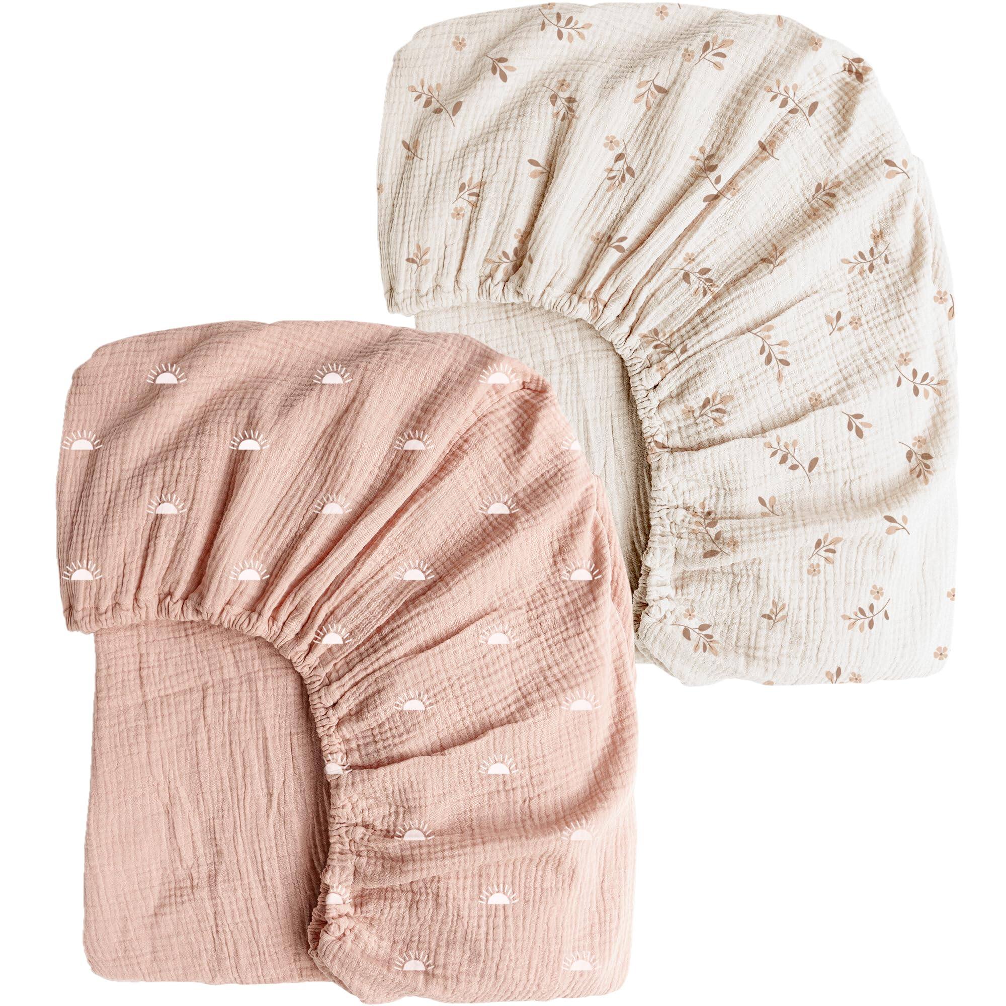 Pink Sun, Khaki Leaf Crib Sheets