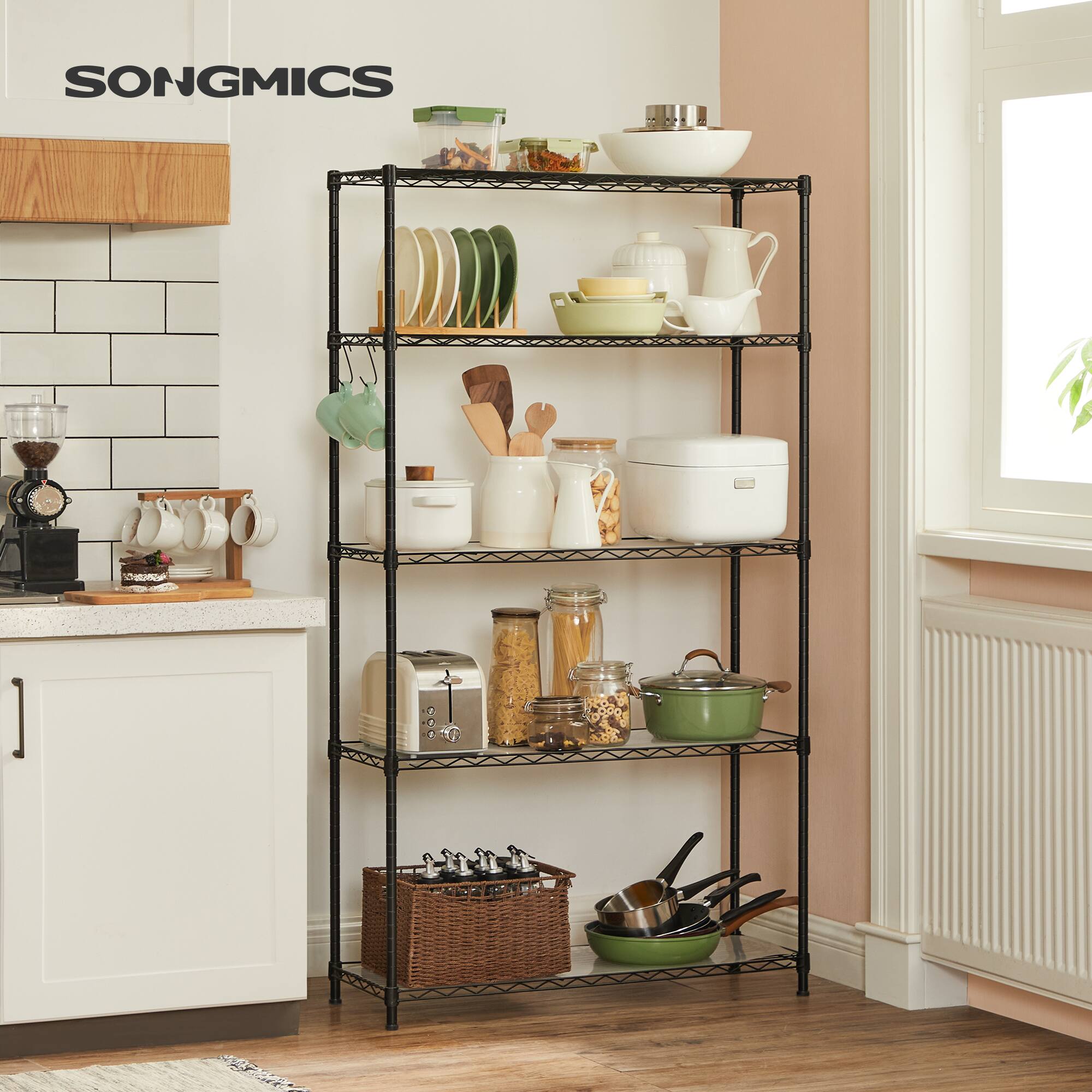 Angle. Songmics Home - 5-Tier Storage Shelves, Wire Shelving Unit, Kitchen Metal Shelves, Storage Rack with Adjustable Shelves, Shelf Liners - Black.