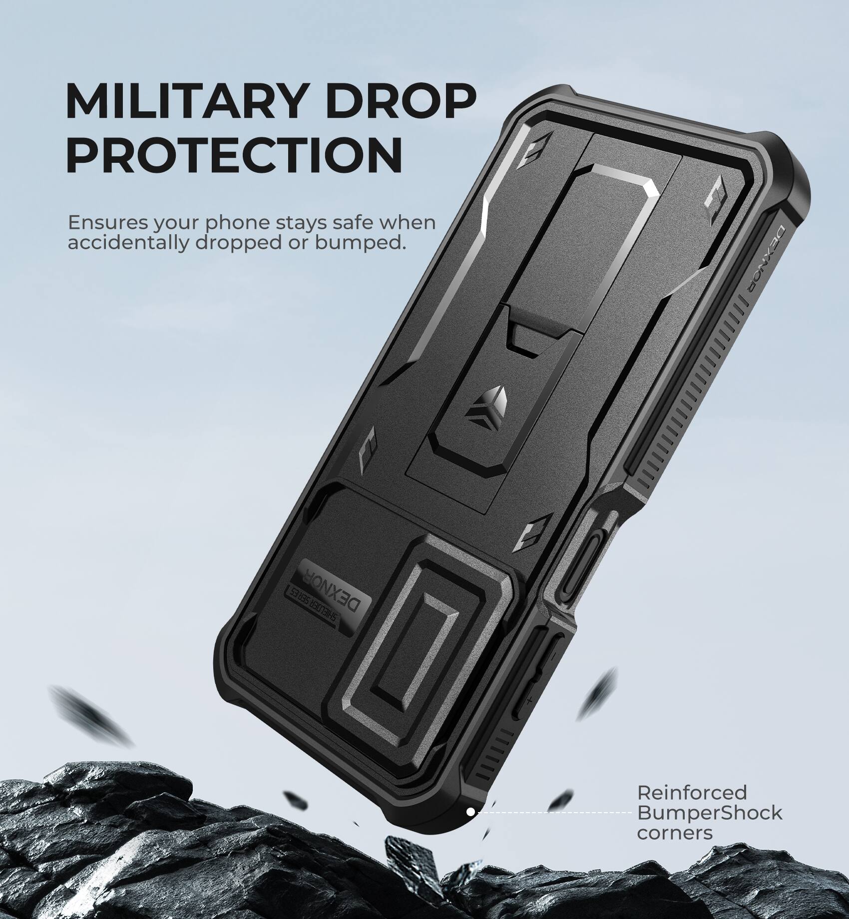 MILITARY DROP PROTECTION  
Ensures your phone stays safe when accidentally dropped or bumped.  

Reinforced BumperShock corners