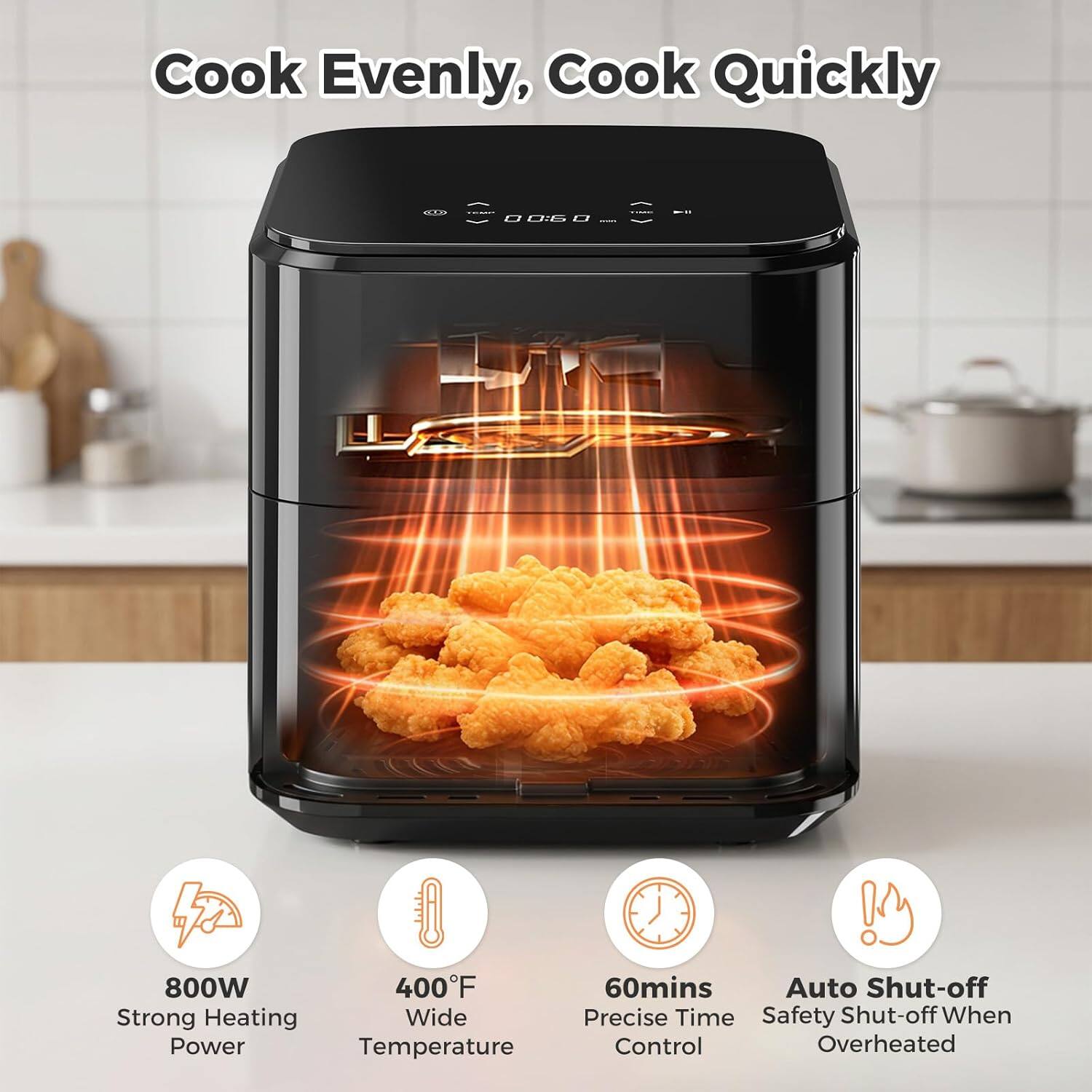 Cook Evenly, Cook Quickly

- 800W Strong Heating Power
- 400°F Wide Temperature
- 60mins Precise Time Control
- Auto Shut-off Safety Shut-off When Overheated