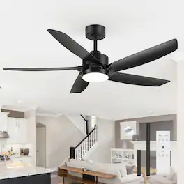 Breezary - 54-Inch Indoor Ceiling Fan with 3-Color Light, 5 ABS Blades, 6-Speed DC Motor, Remote & Timer, Memory, 6"/12" Downrods - Matte Black