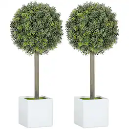 Homcom - Lifelike Artificial Plants Set of 2, 1.5FT Fake Boxwood Topiary Balls with 114 PE Leaves, Potted Faux Trees for Home - Green
