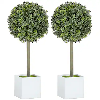 Front. Homcom - Lifelike Artificial Plants Set of 2, 1.5FT Fake Boxwood Topiary Balls with 114 PE Leaves, Potted Faux Trees for Home - Green.
