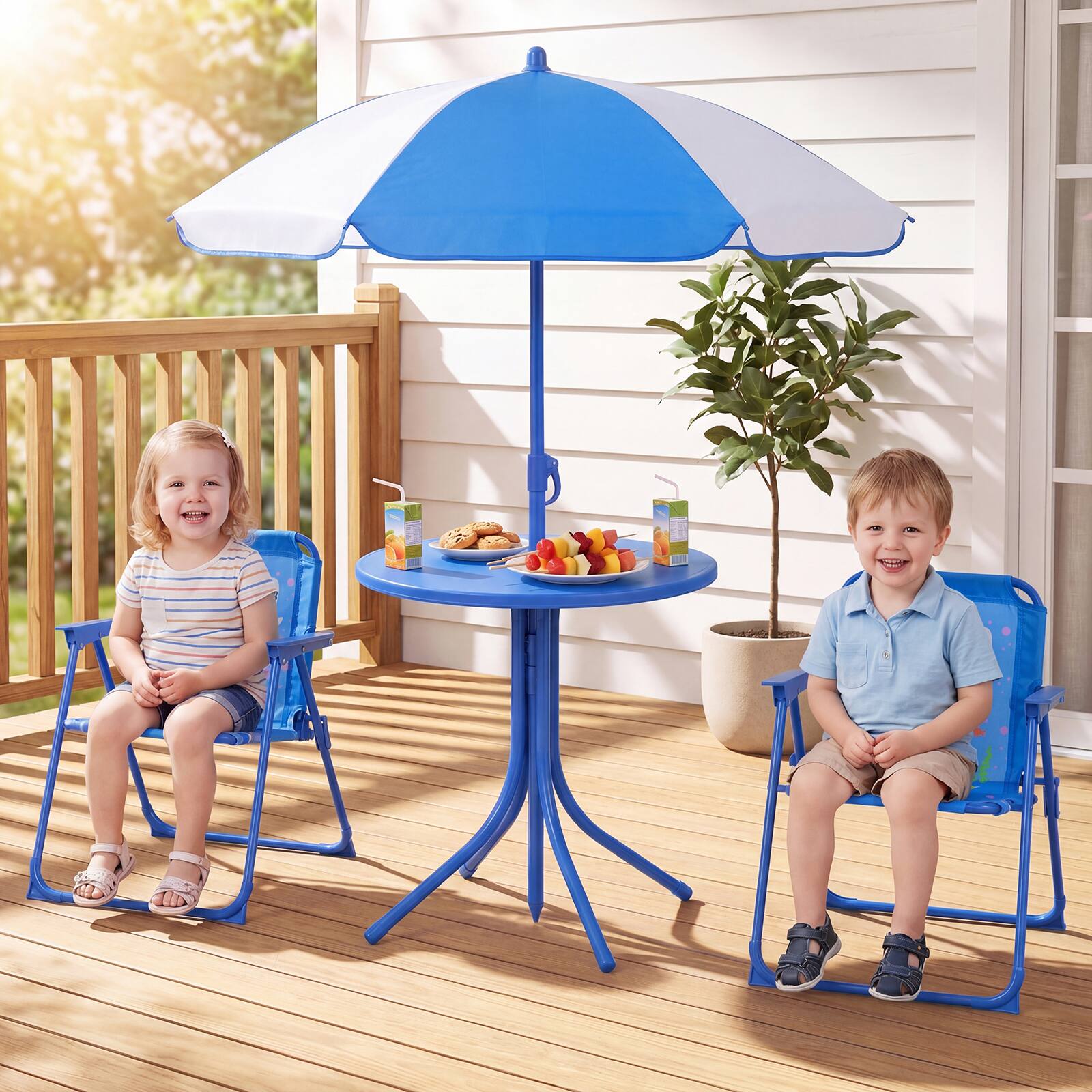Alt View 1. Gymax - Gymax Kids Picnic Table Outdoor Table&Chair Set 2 Folding Chairs&Adjustable Umbrella Navy Blue - Blue.