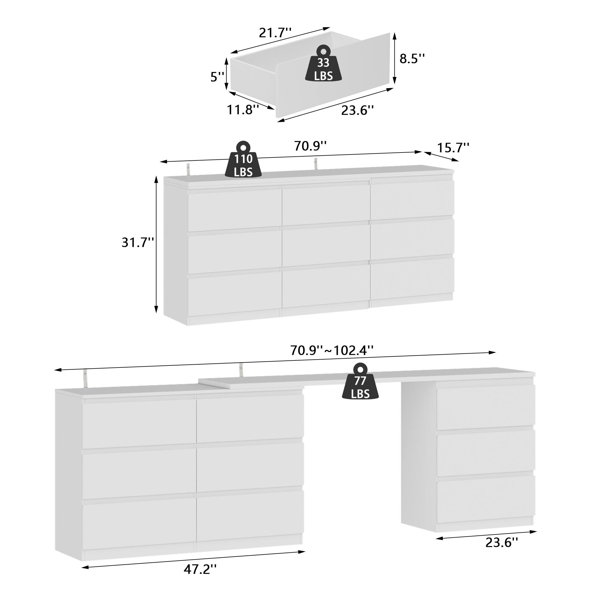 - 21.7"
- 5"
- 11.8"
- 8.5"
- 23.6"
- 33 LBS
- 110 LBS
- 70.9"
- 15.7"
- 31.7"
- 70.9" ~ 102.4"
- 77 LBS
- 47.2"
- 23.6"