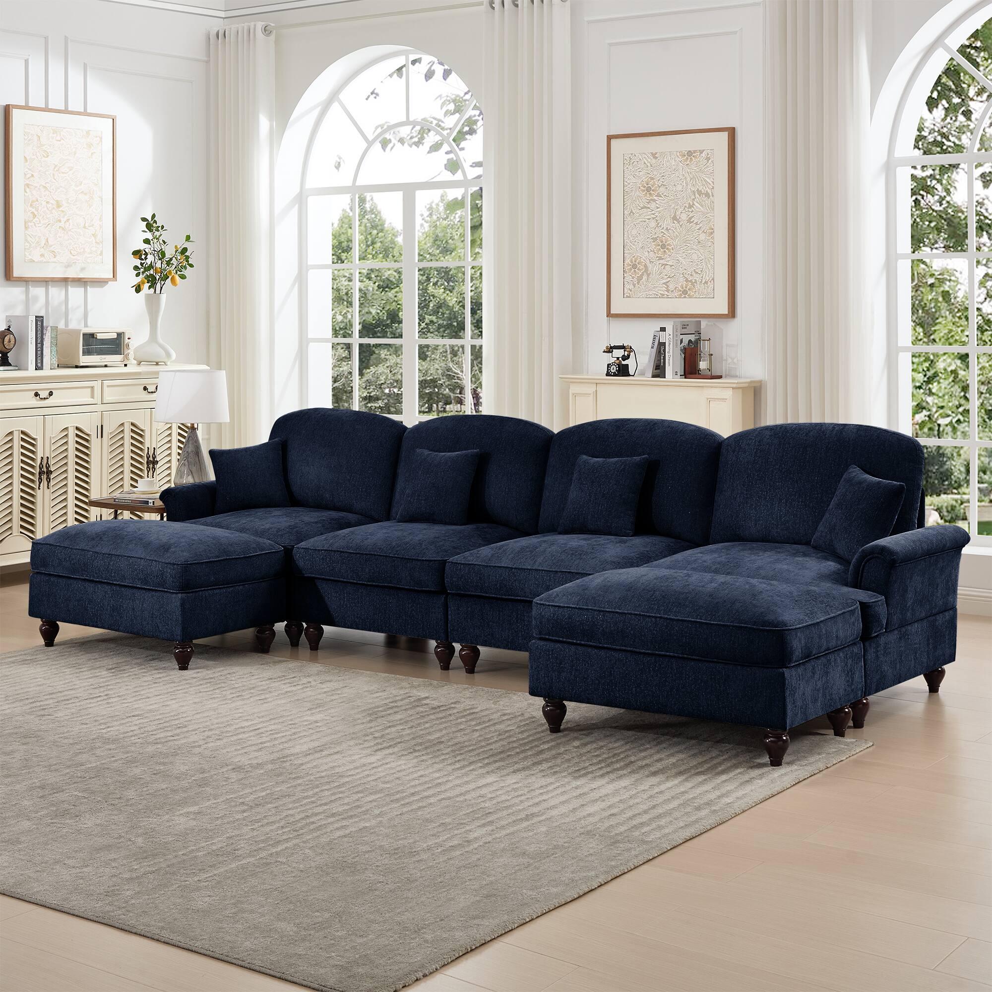 Angle. Anysun - Classic U-Shape Chenille 4-Seat Sectional with Ottomans - Flared Arms, Ruffled Skirt & Spindle Legs, Deep Cloud Seat - Blue.