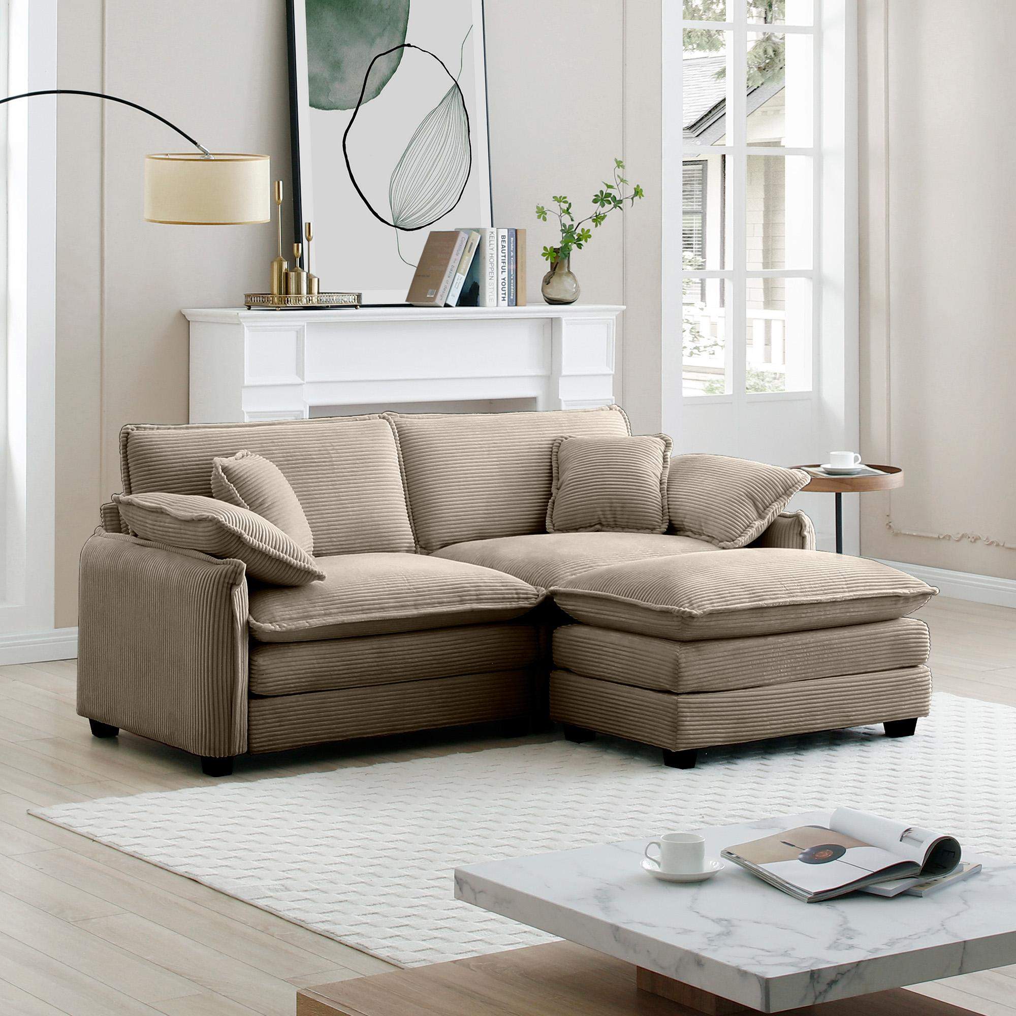Back. LOVMOR - TwoSeater Sofa with One Footrest LShaped 2Seater Sofa with Ottoman for Small Living SpacesTan Corduroy - Tan.