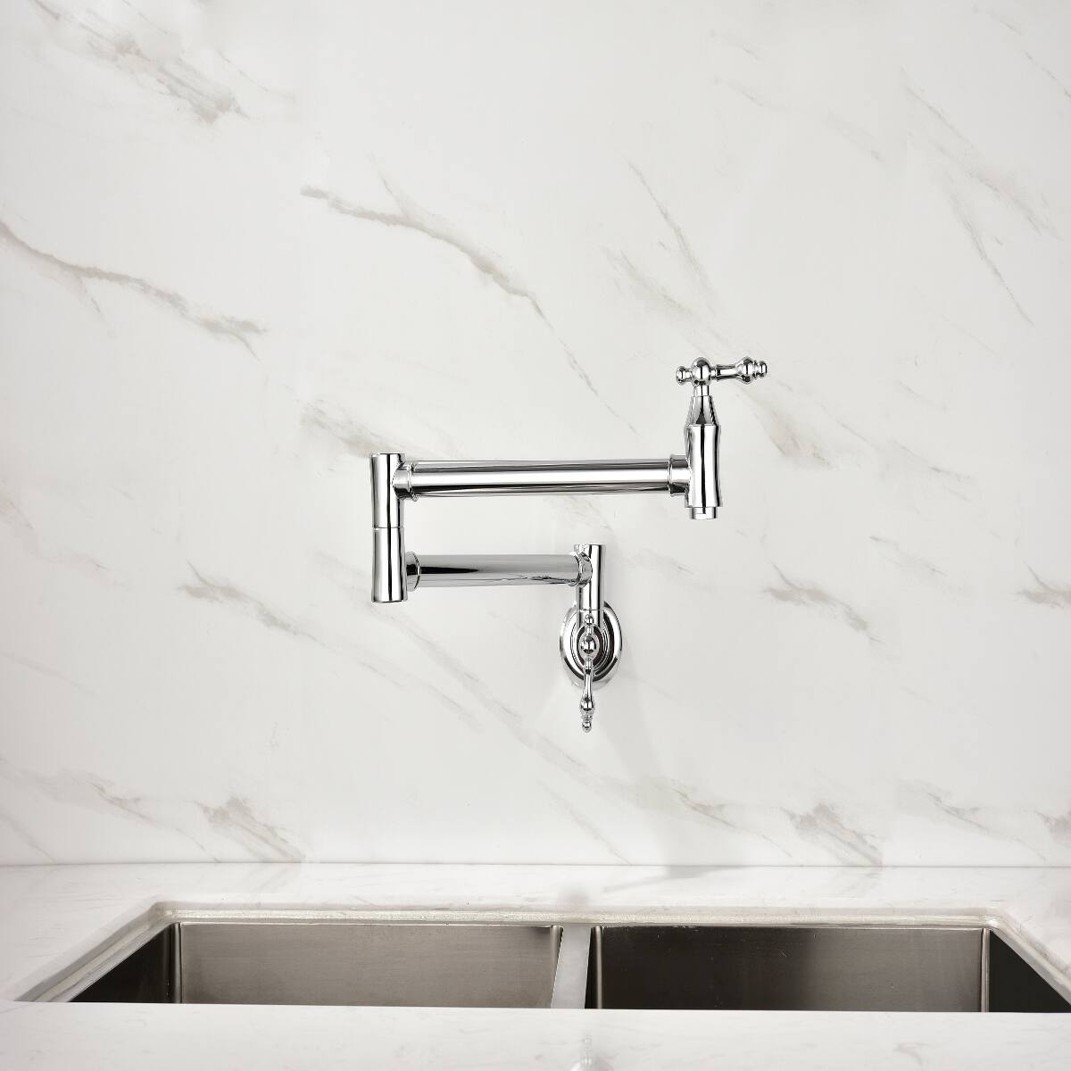 Alt View 6. Ropilly - Ropilly Wall Mount Pot Filler Faucet Chrome Brass Double Handle Swivel Arm Kitchen Faucet - Chrome.