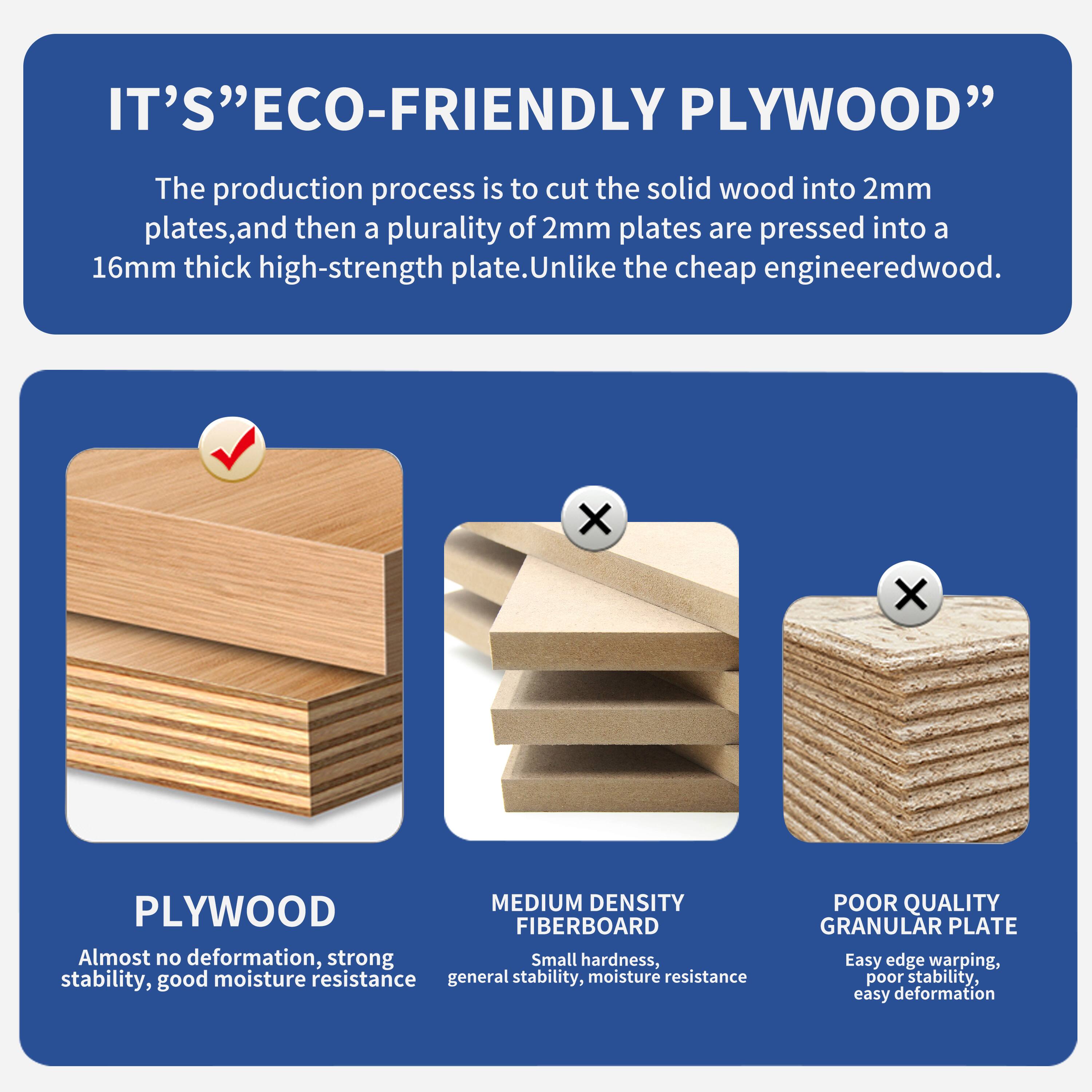 IT'S "ECO-FRIENDLY PLYWOOD"

The production process is to cut the solid wood into 2mm plates, and then a plurality of 2mm plates are pressed into a 16mm thick high-strength plate. Unlike the cheap engineered wood.

PLYWOOD
- Almost no deformation, strong stability, good moisture resistance

MEDIUM DENSITY FIBERBOARD
- Small hardness, general stability, moisture resistance

POOR QUALITY GRANULAR PLATE
- Easy edge warping, poor stability, easy deformation