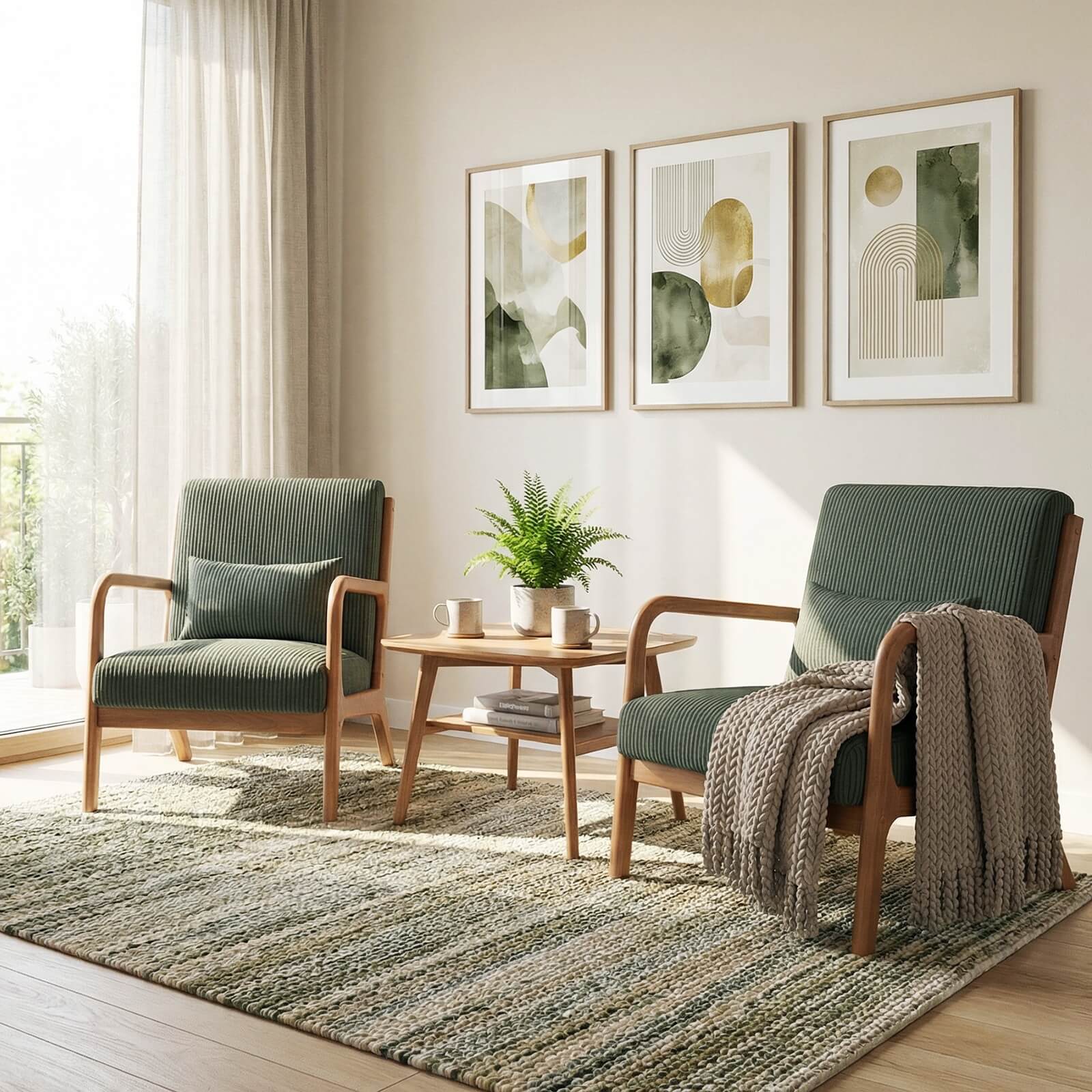 Alt View 3. Costway - Costway 2 PCS Corduroy Upholstered Lounge Chair with Rubber Wood Armrests & Lumbar Pillow - Green + Brown.