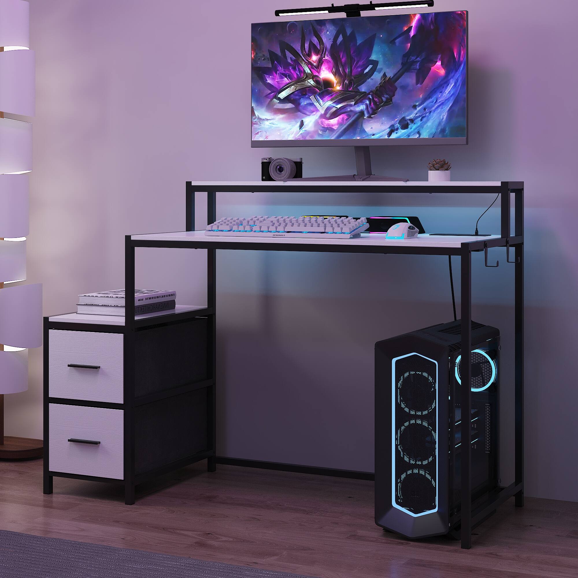 Alt View 10. Famapy - Gaming Desk with RGB Lights, Built-in Power Outlets, Cable Management & Storage for Immersive Setup - White & Black.