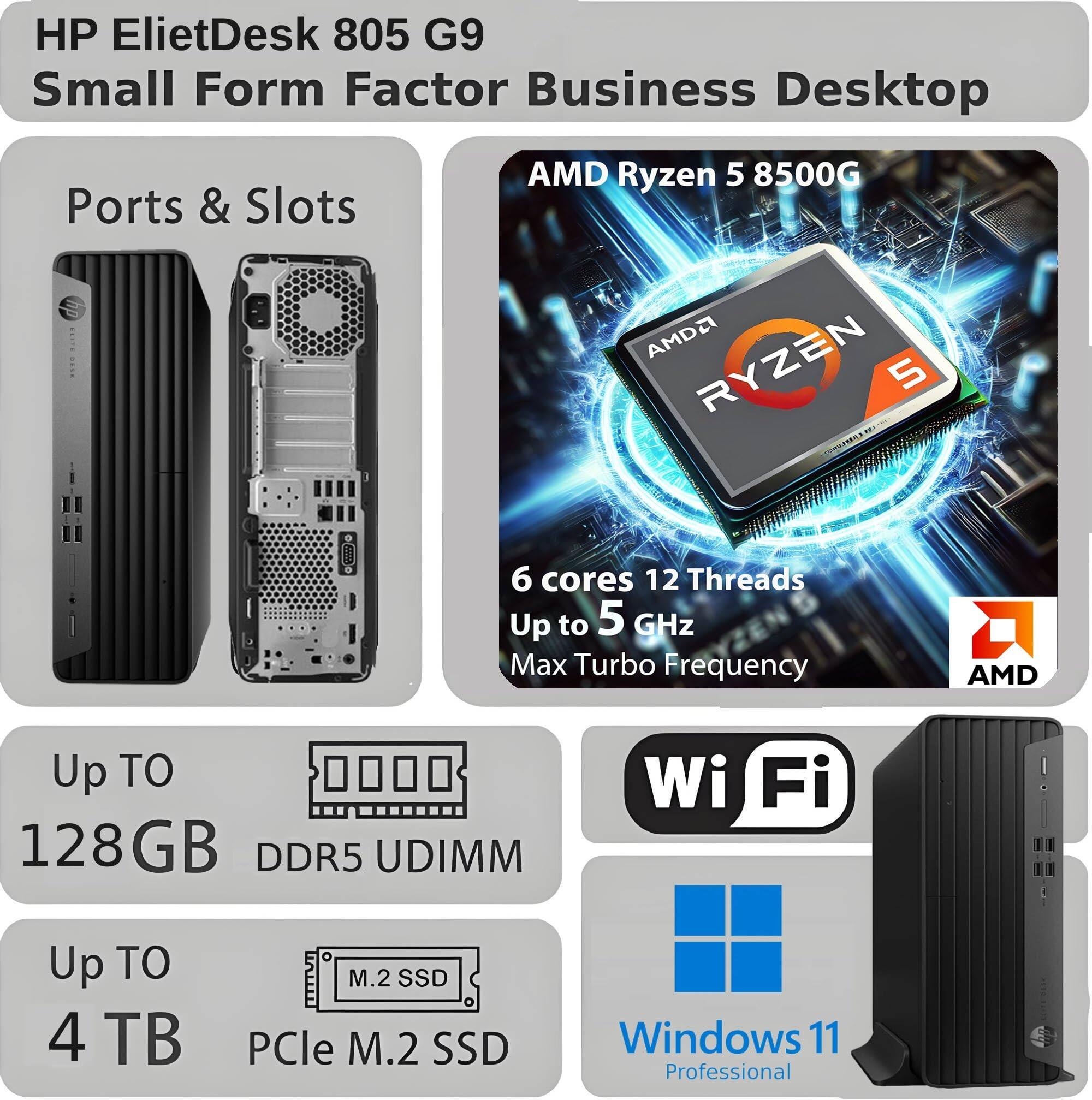 HP ElietDesk 805 G9 Small Form Factor Business Desktop

Ports & Slots

AMD Ryzen 5 8500G  
6 cores 12 Threads  
Up to 5 GHz Max Turbo Frequency

Up to 128GB DDR5 UDIMM

Up to 4 TB PCIe M.2 SSD

Wi-Fi

Windows 11 Professional