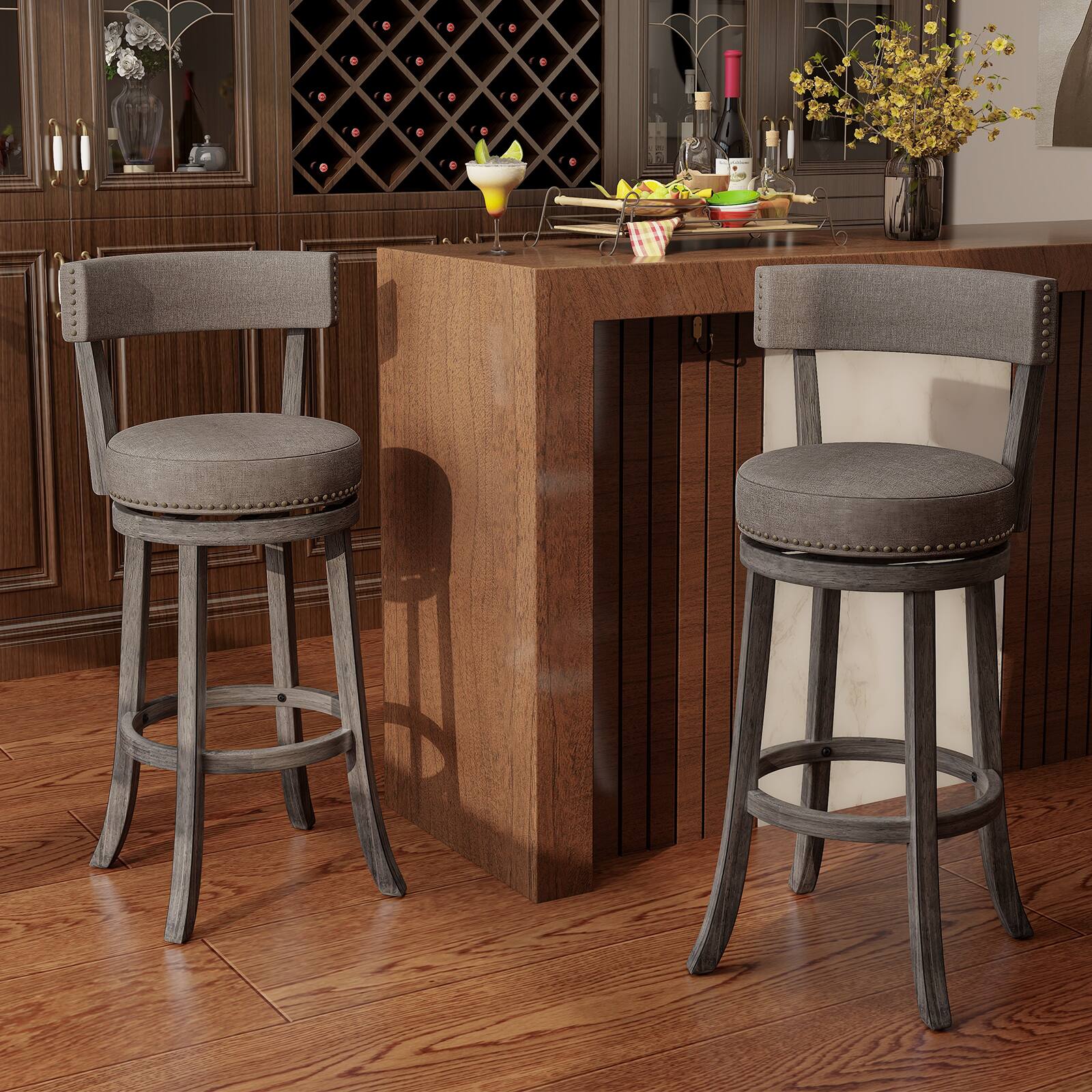 Alt View 4. Gymax - Gymax 31'' Bar Height Chairs Set of 2 w/ 360°   Swivel Seat Back & Cushioned Seat - Gray.