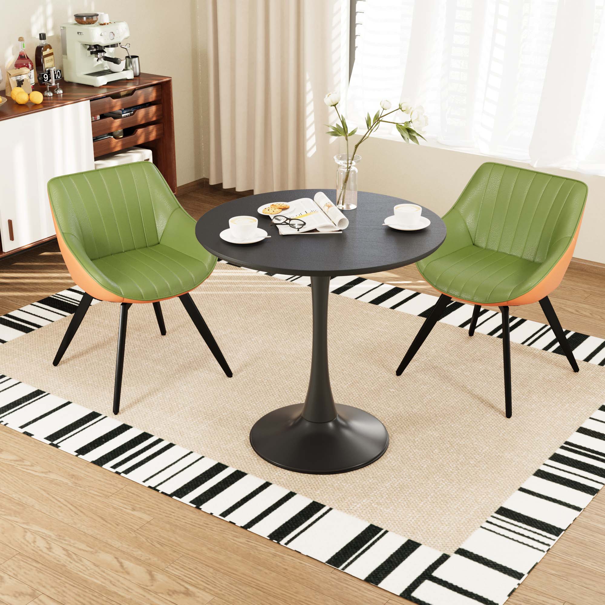 Front. TinyHomie - 31.5in black MDF round dining table tulip dining table and 2 artificial leather decorative chairs with black metal legs - Black and Green.