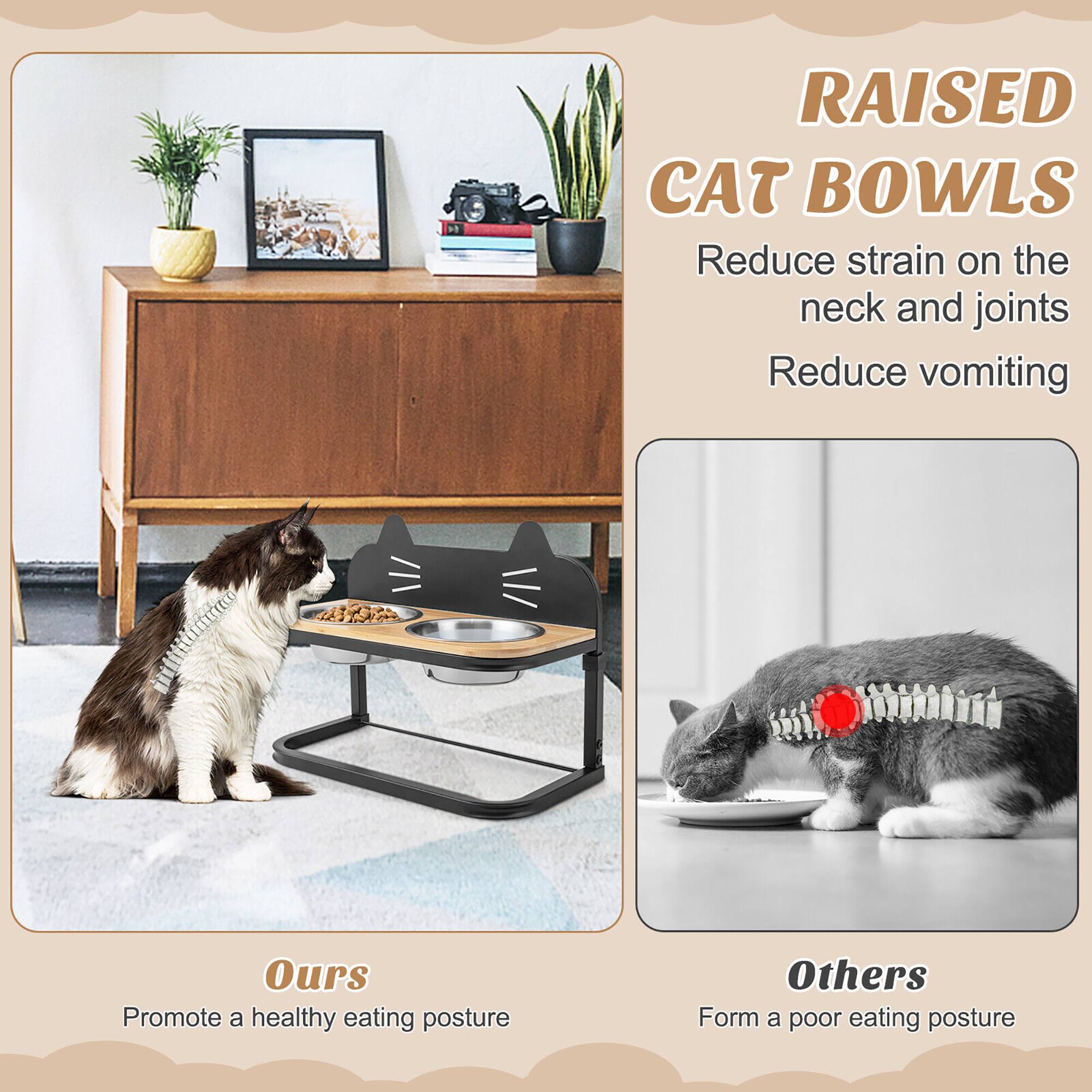 RAISED CAT BOWLS  
Reduce strain on the neck and joints  
Reduce vomiting  

Ours  
Promote a healthy eating posture  

Others  
Form a poor eating posture