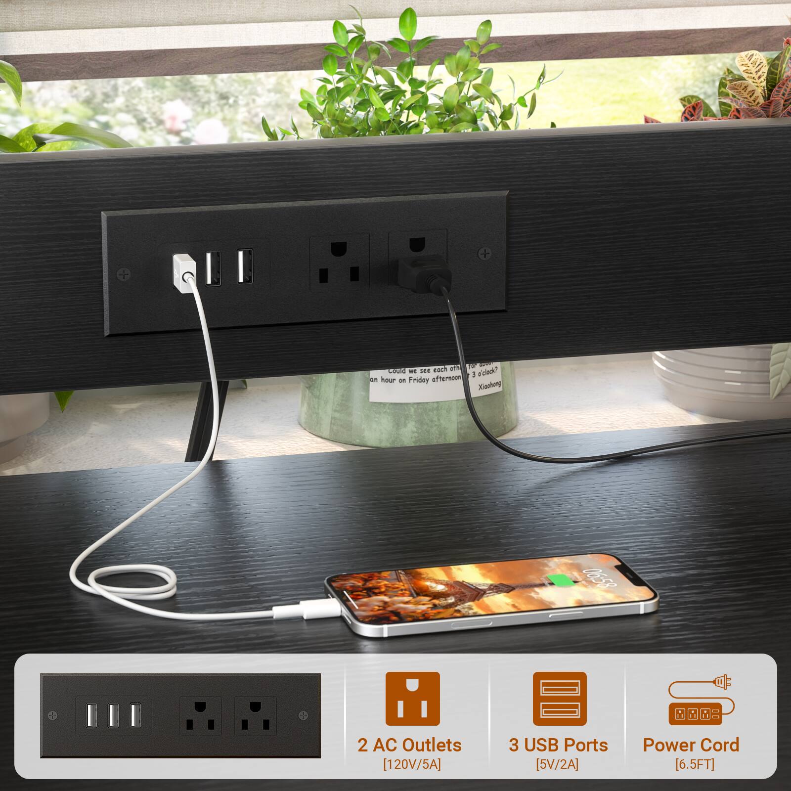 + TO - CVUN - 1.E 1 e a'cloc? 1 an hour on Friday afternoon Xianhong 06-33

2 AC Outlets [120V/5A]
3 USB Ports [5V/2A]
Power Cord [6.5FT]