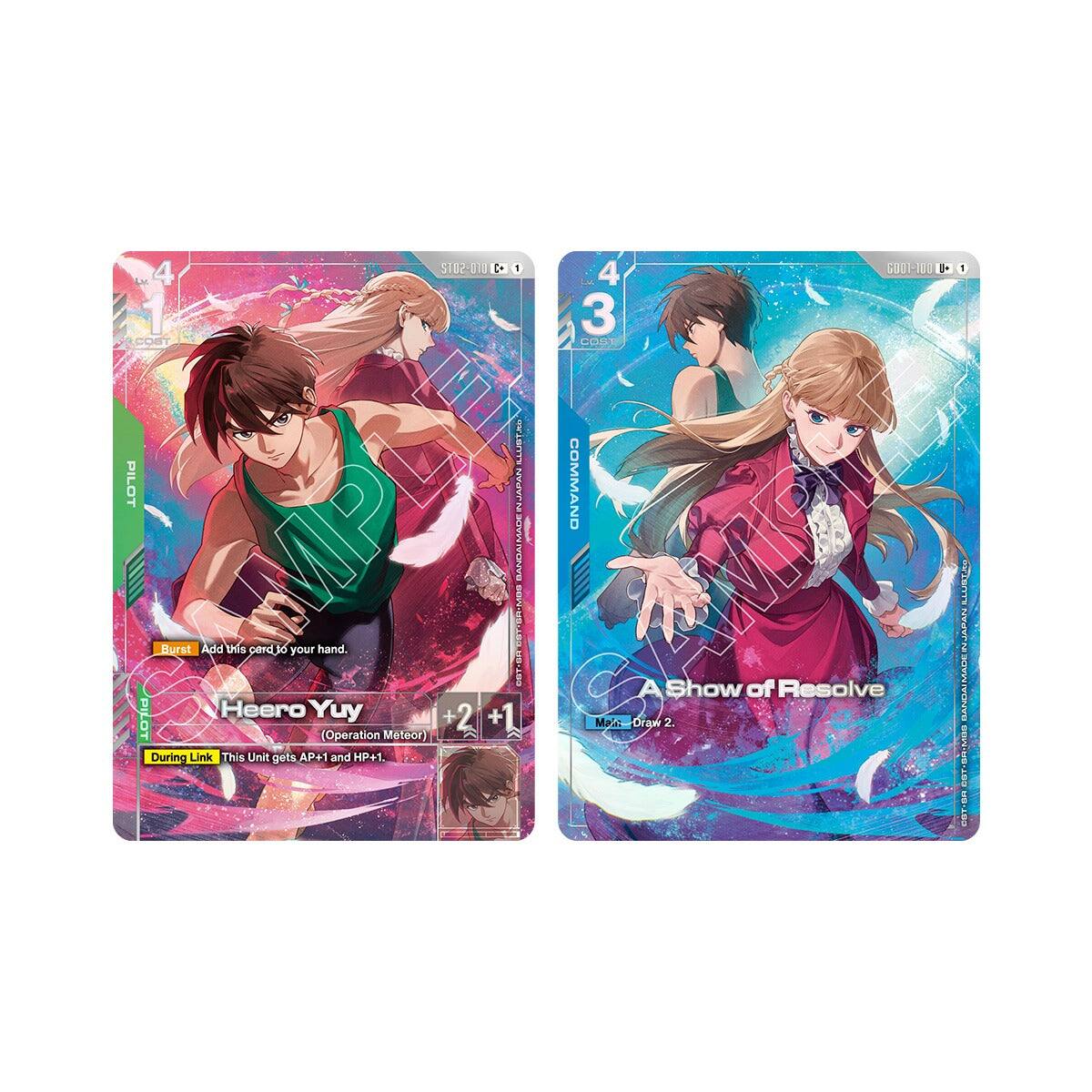 S102-010 + 1 4 1 COBT DLADS PILOT MVr MP a.iE  
Burst Add this card to your hand.  
SST: Heero Yuy 2 +1  
PILOT Operation Meteor  
During Link This Unit gets AP+1 and HP+1.  

GO01-100 J 3 COST COMMAND  
A Show of Resolve  
Mac Draw 2