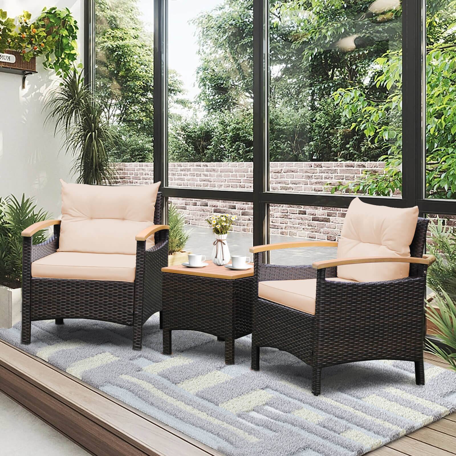 Alt View 4. Costway - 3PCS Patio Rattan Furniture Set Wooden Armrest Table Top Cushioned Deck - Mix Brown,Beige.