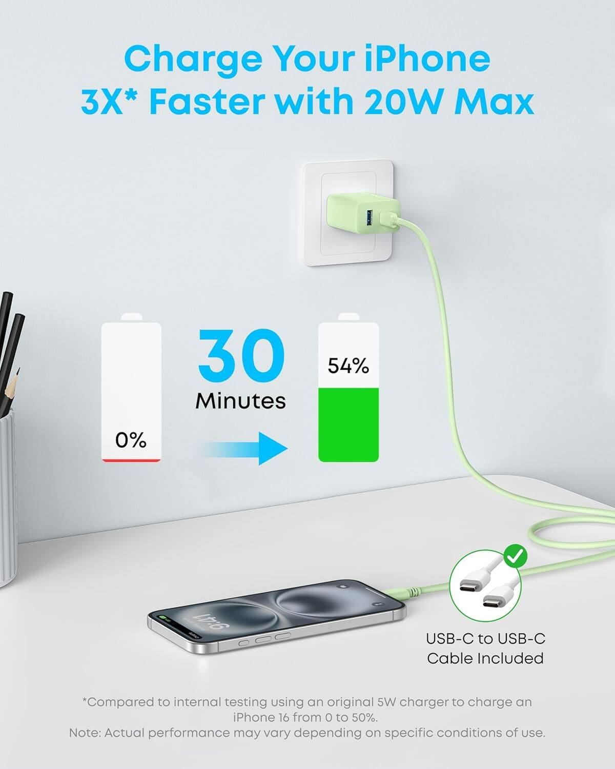 Charge Your iPhone 3X* Faster with 20W Max

30 Minutes

0% → 54%

USB-C to USB-C Cable Included

*Compared to internal testing using an original 5W charger to charge an iPhone 16 from 0 to 50%.

Note: Actual performance may vary depending on specific conditions of use.