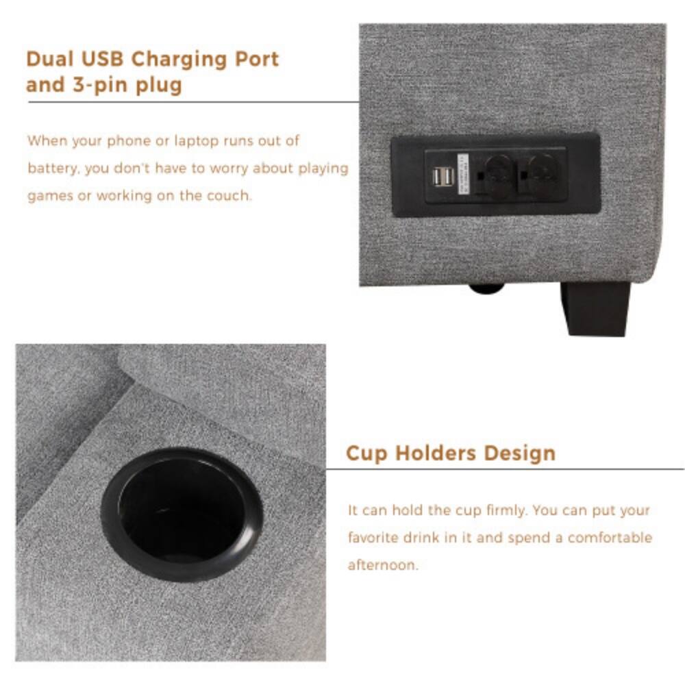 Dual USB Charging Port and 3-pin plug

When your phone or laptop runs out of battery, you don't have to worry about playing games or working on the couch.

Cup Holders Design

It can hold the cup firmly. You can put your favorite drink in it and spend a comfortable afternoon.