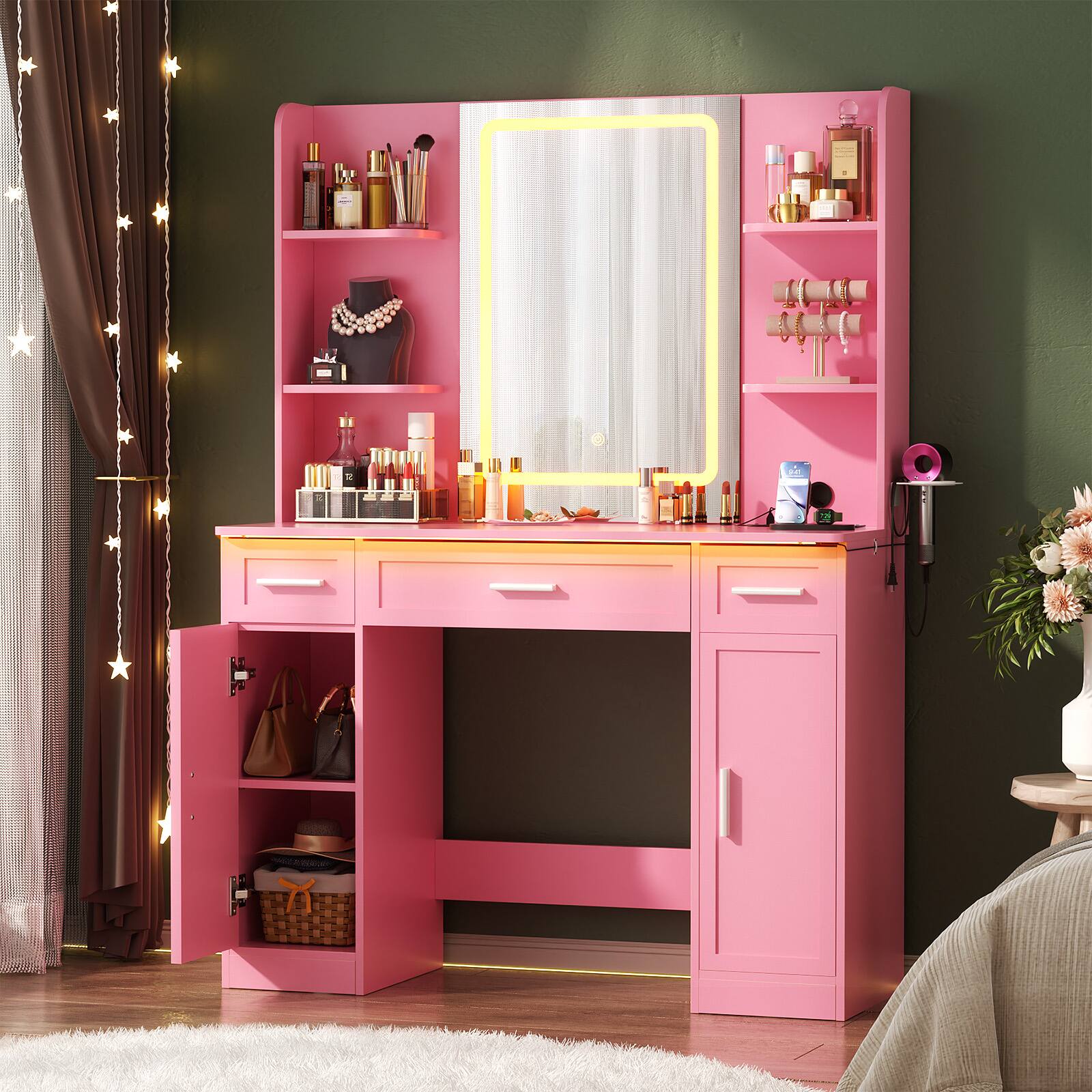 Alt View 1. Aheaplus - Large Wooden Makeup Vanity Desk with Mirror and Lights, Dressing Table with Drawers and Cabinets - Pink.