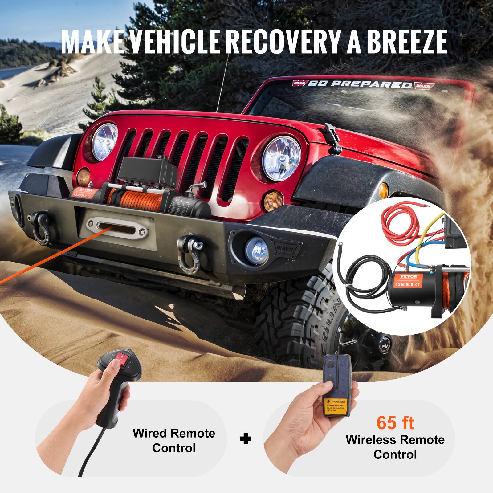 MAKE VEHICLE RECOVERY A BREEZE I ada GO PREPARED, WARN PT - ASNE - WAPH COUN YAYUR 12500LB DE -  Wired Remote Control + 65 ft Wireless Remote Control