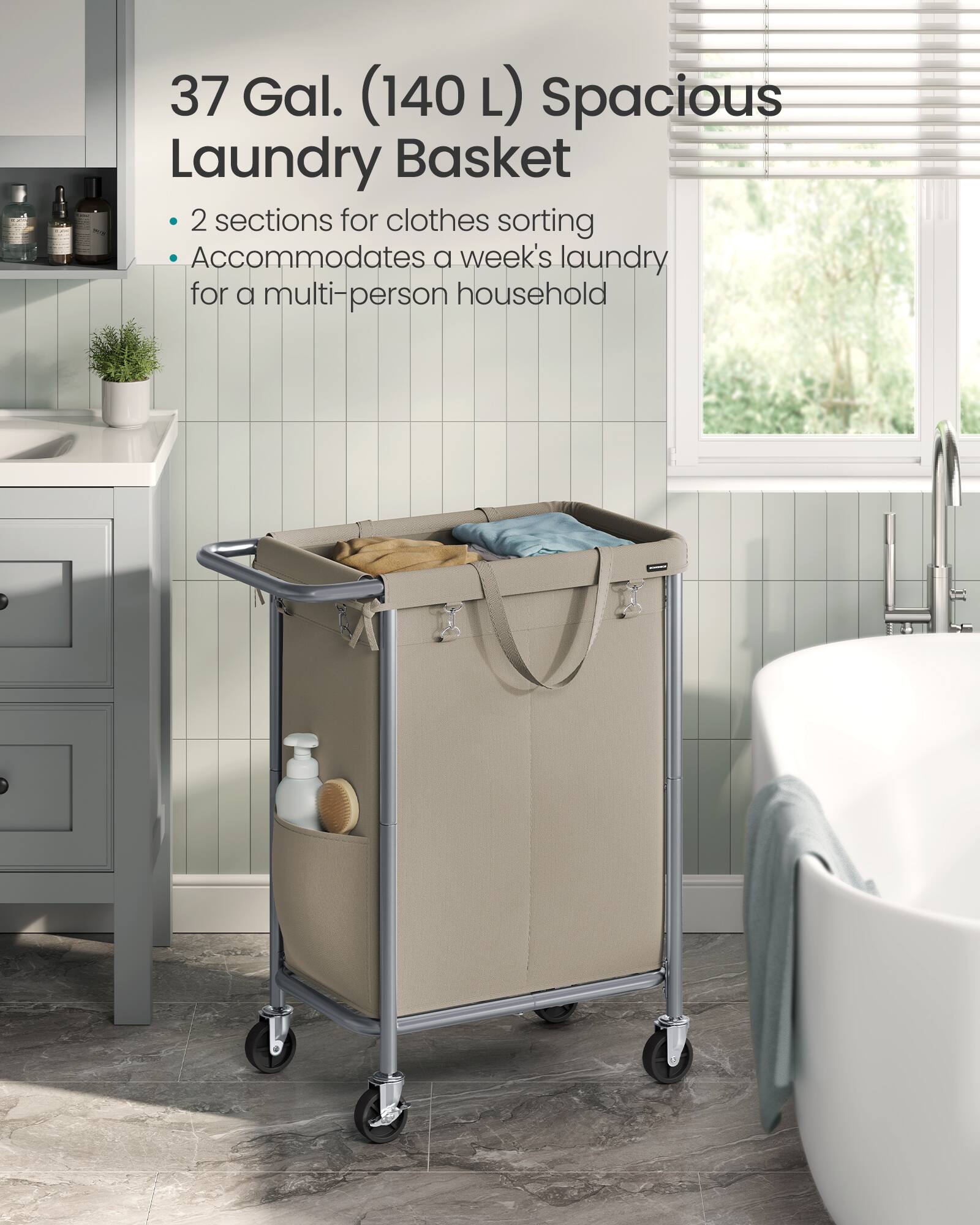 37 Gal. (140 L) Spacious Laundry Basket

- 2 sections for clothes sorting
- Accommodates a week's laundry for a multi-person household