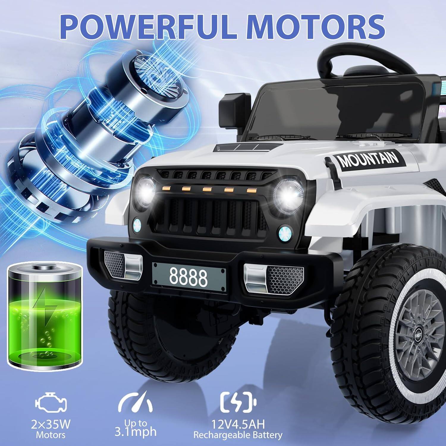 POWERFUL MOTORS

MOUNTAIN 8888

2x35W Motors
Up to 3.1mph
12V4.5AH Rechargeable Battery