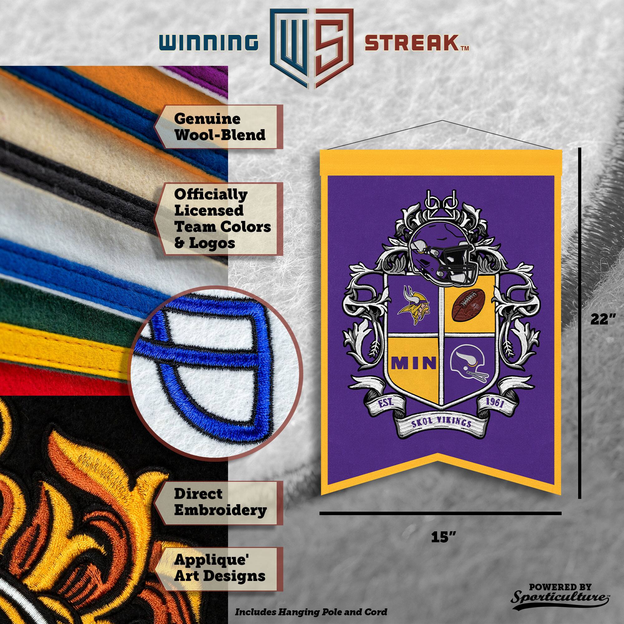 WINNING U 5 STREAK™ Genuine Wool-Blend Officially Licensed Team Colors & Logos Wttn 22" MIN EST. 1961 SKOL VIKINGS Direct Embroidery Applique' Art Designs Includes Hanging Pole and Cord 15" POWERED BY Sporticulture