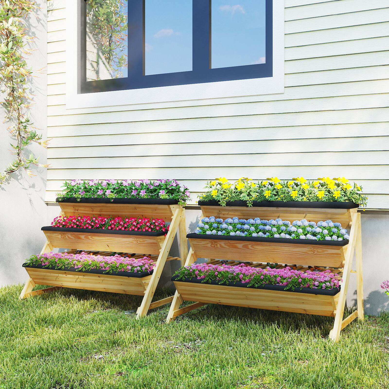 Alt View 3. Costway - 3 Tier Wooden Vertical Raised Garden Bed w/Storage Shelf, Side Hook & Liners - Natural.