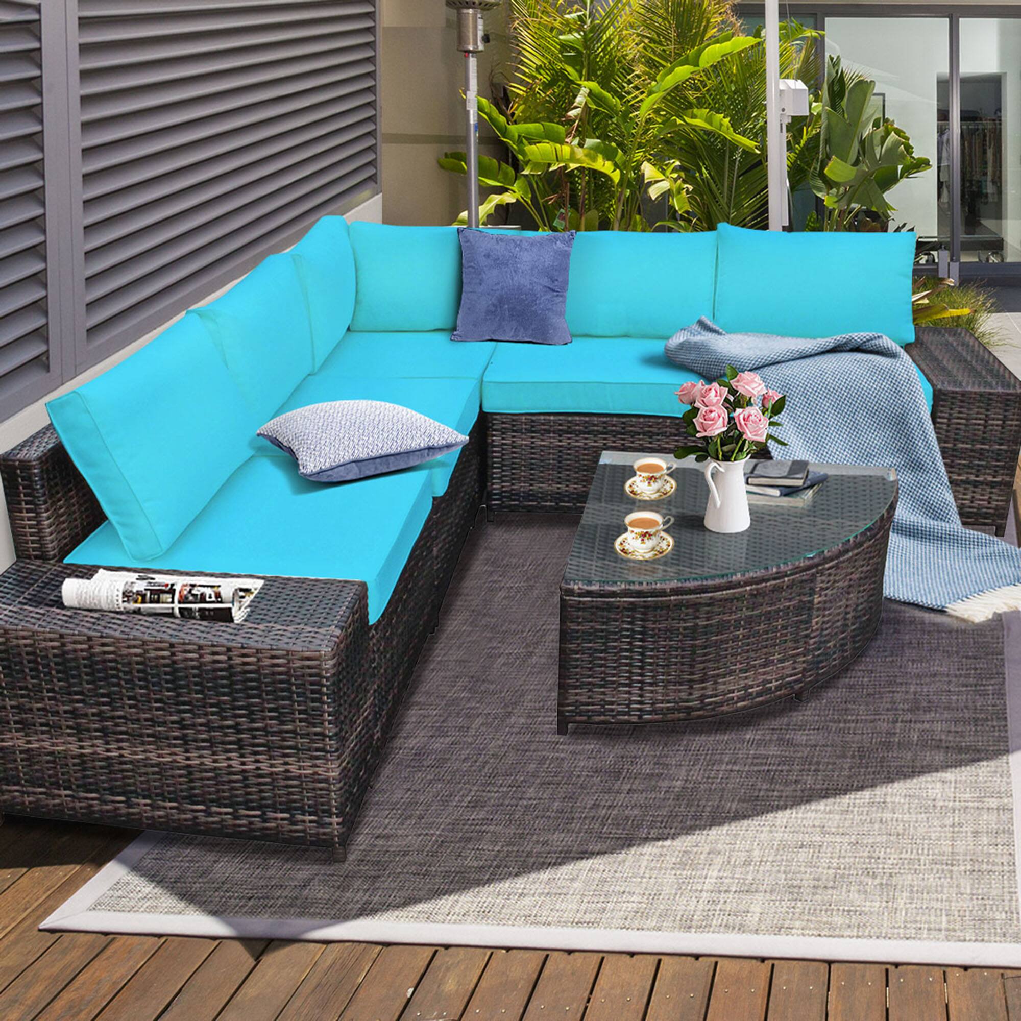Alt View 3. Gymax - Gymax 6PCS Wicker Furniture Sectional Sofa Set w/ Cushions Turquoise - Turquoise.
